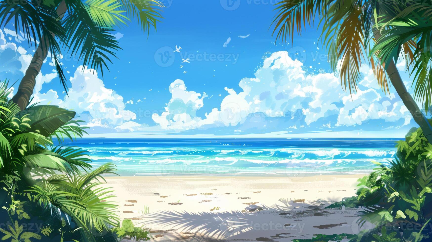 A tropical beach with palm trees and a blue sky photo