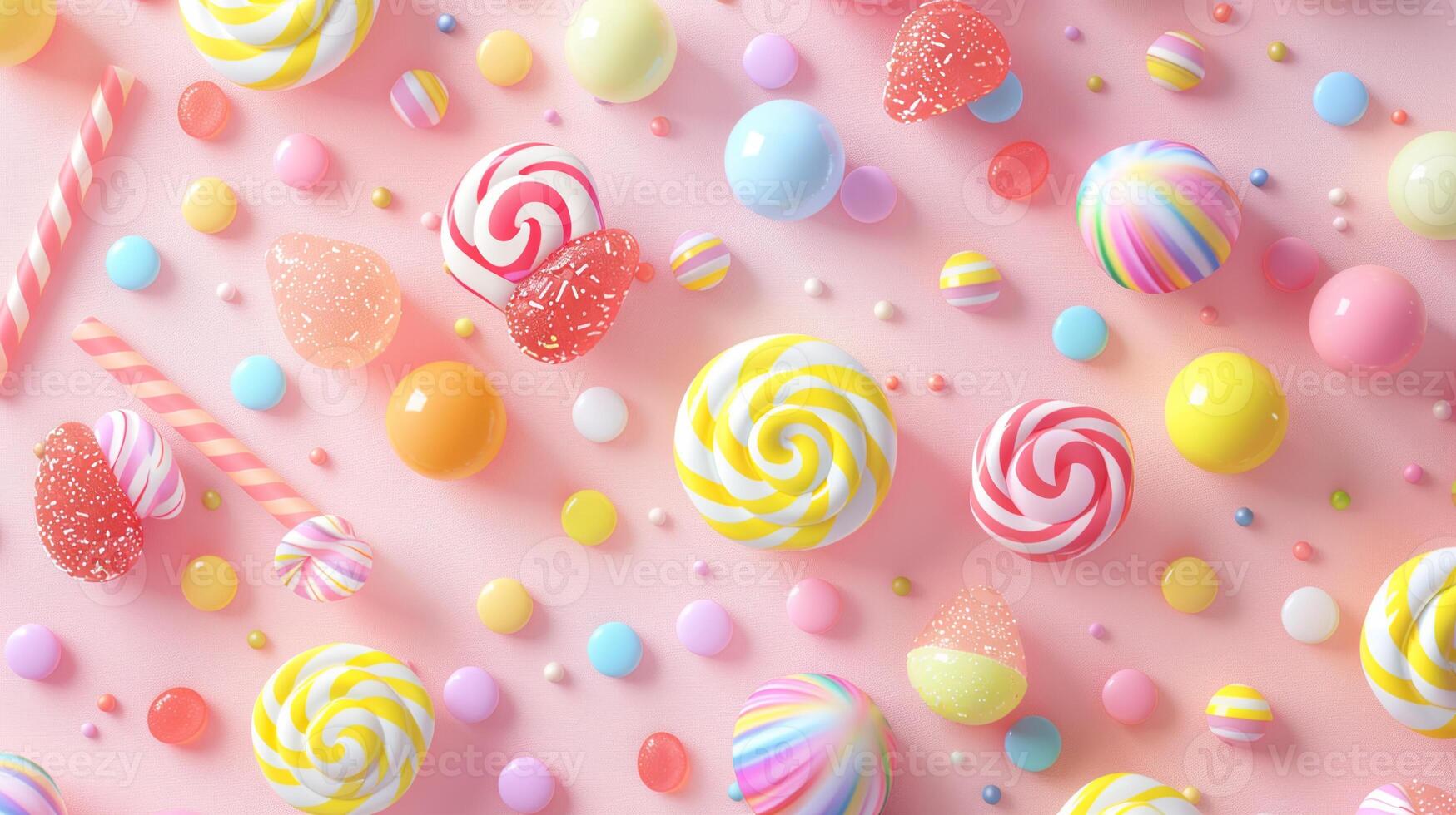 A colorful candy display with a pink background photo