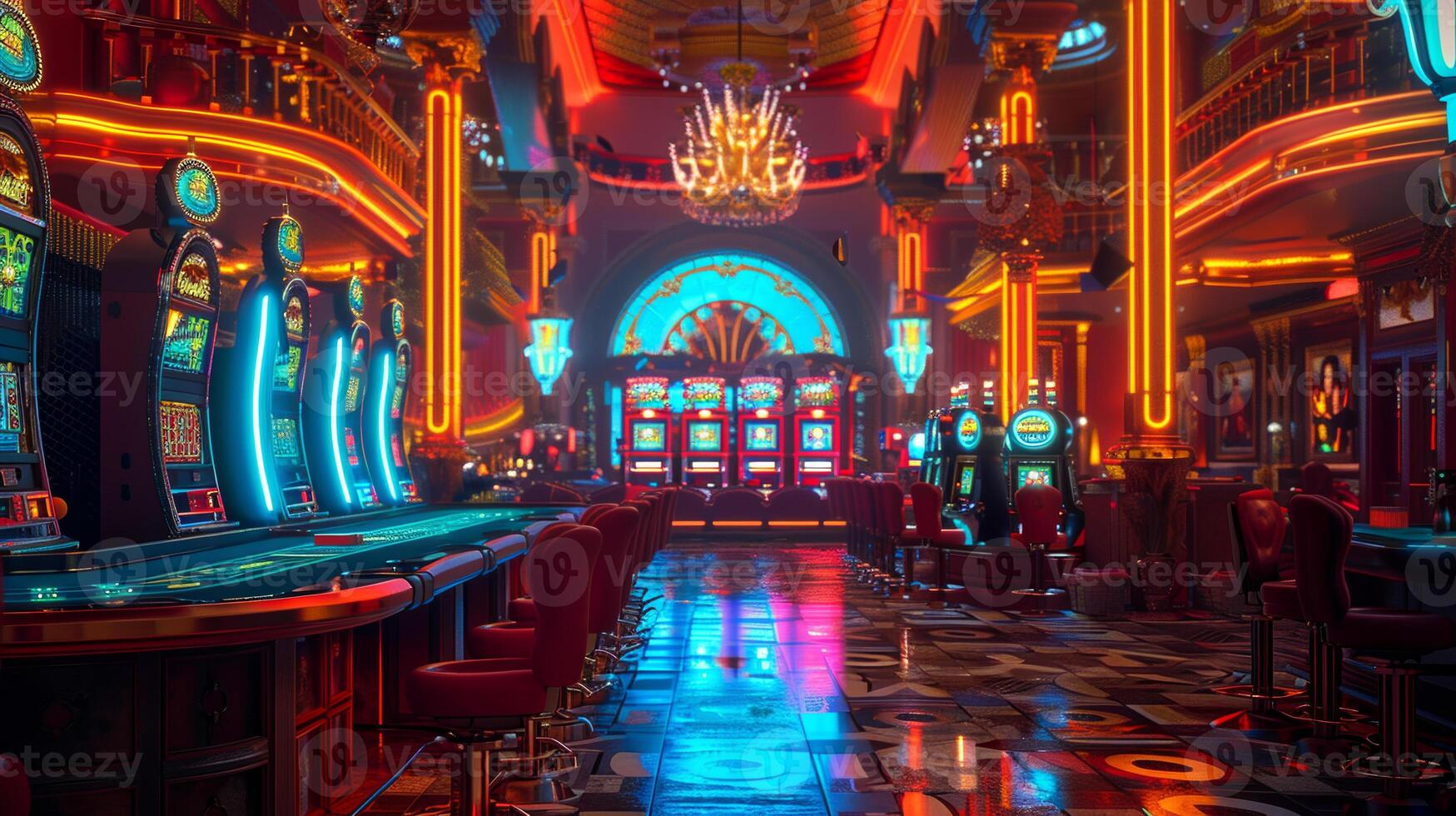 A casino with neon lights and a chandelier photo