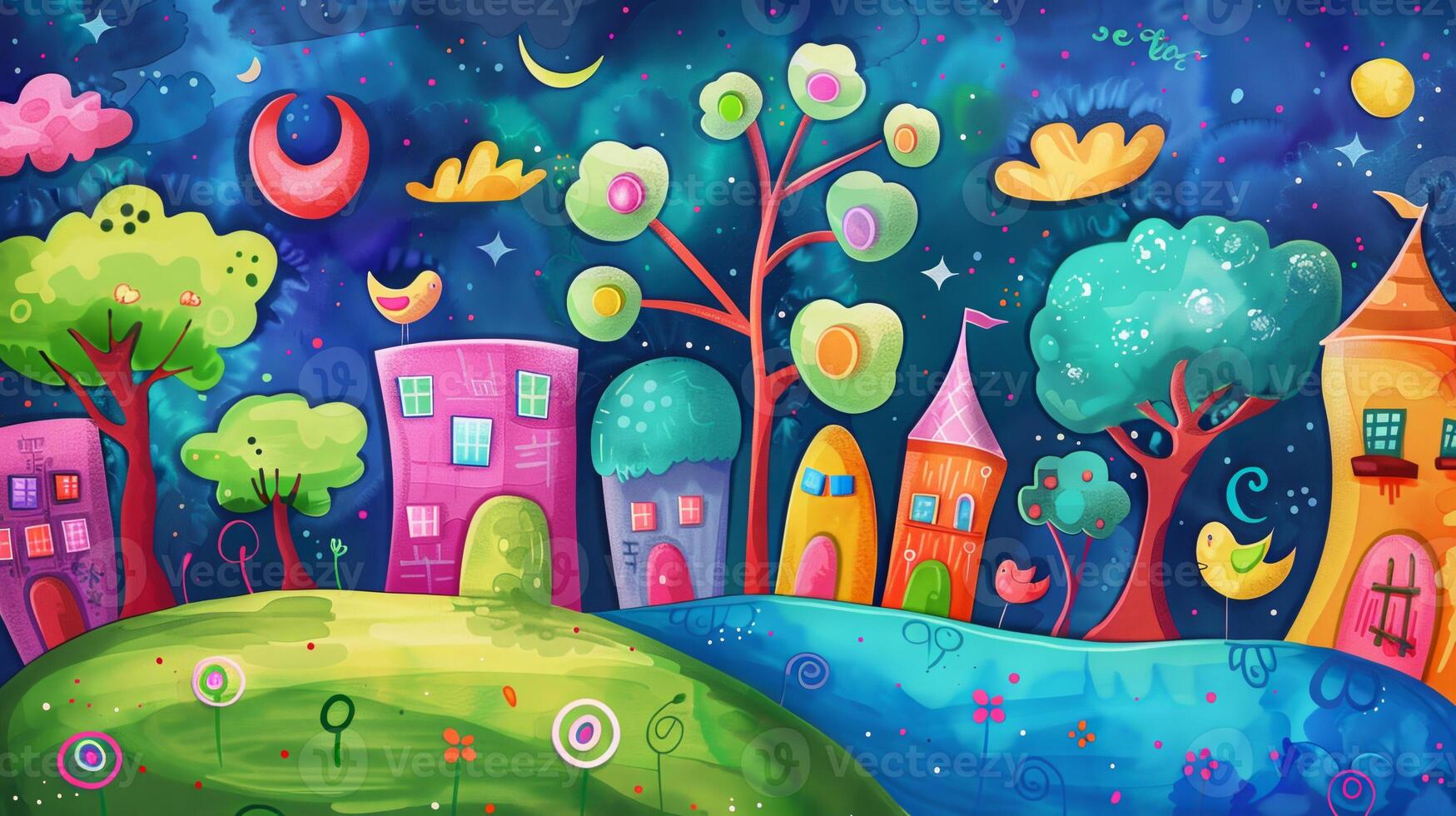 A colorful painting of a town with houses, trees, and a moon photo