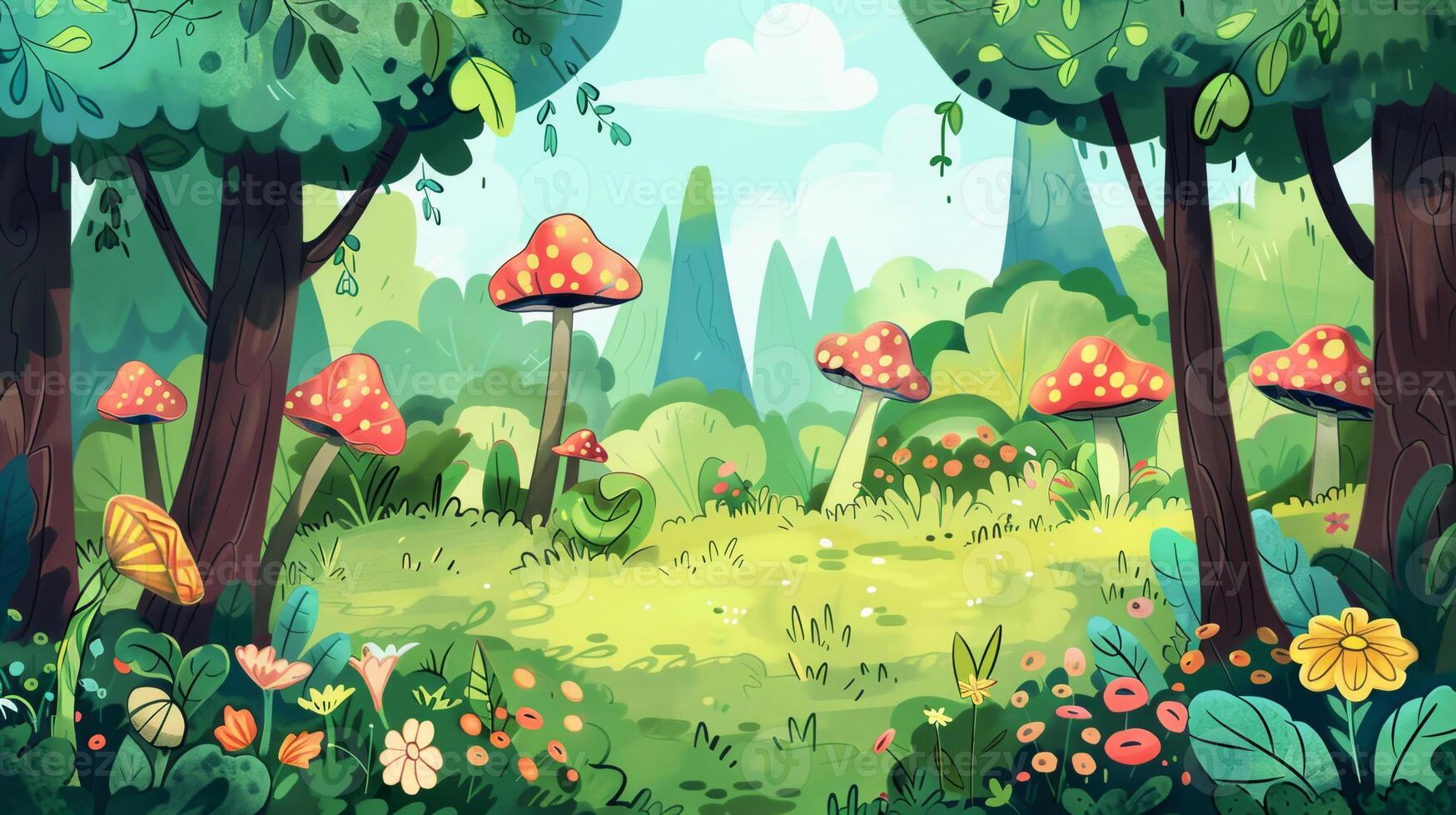 A cartoonish drawing of a forest with a bunch of mushrooms photo
