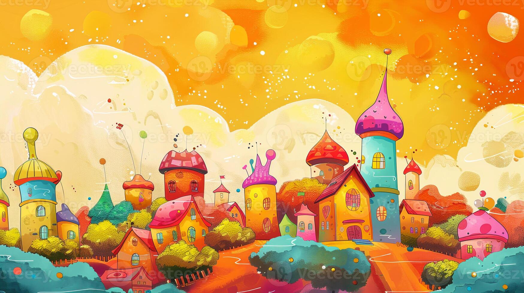 A colorful cityscape with many buildings and a large tree photo