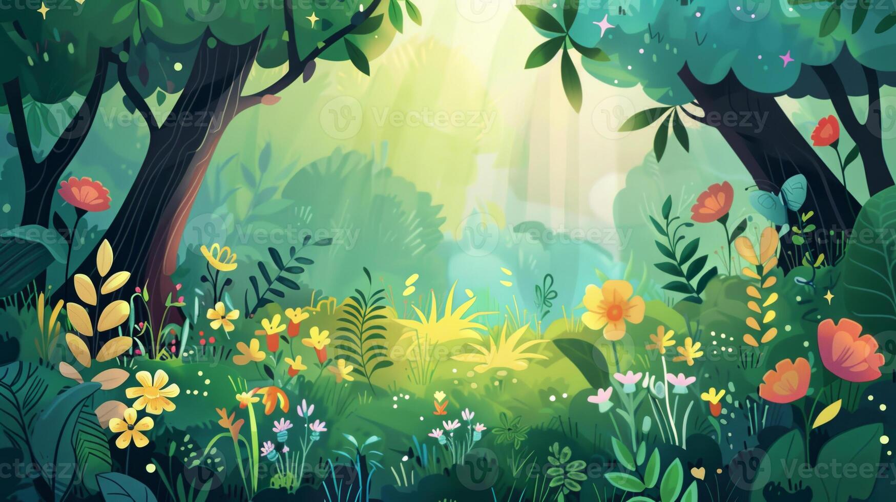 A cartoon drawing of a forest with a bright sun shining through the trees photo