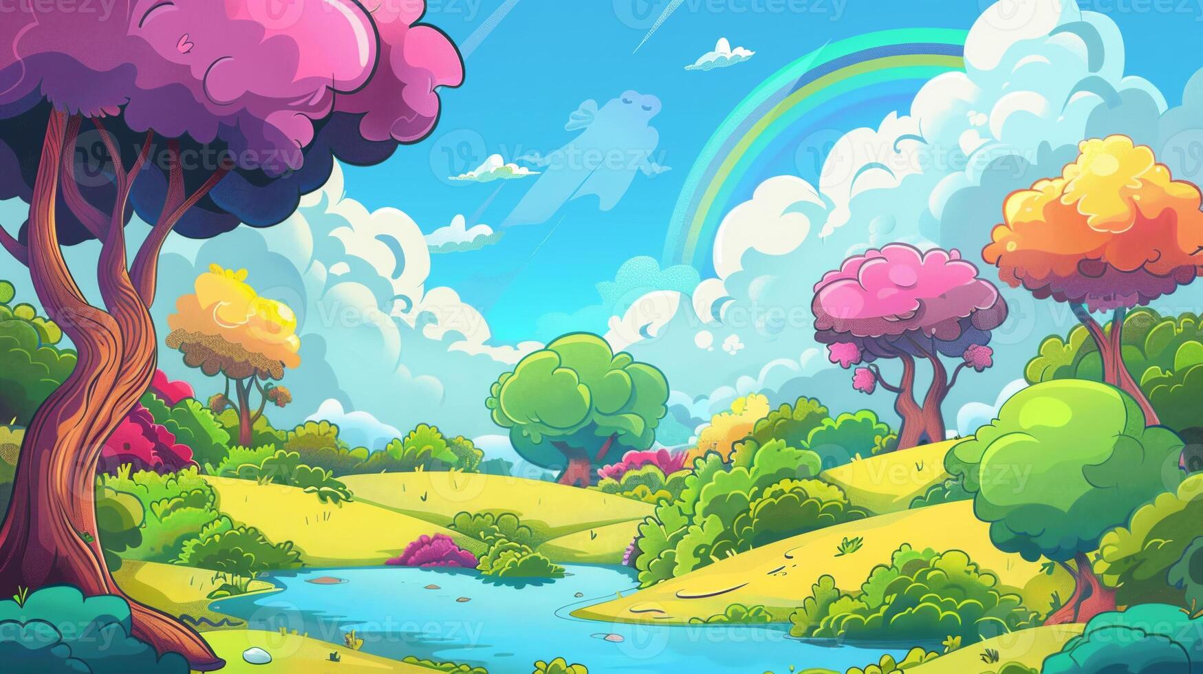 A cartoonish landscape with a rainbow in the sky and trees photo