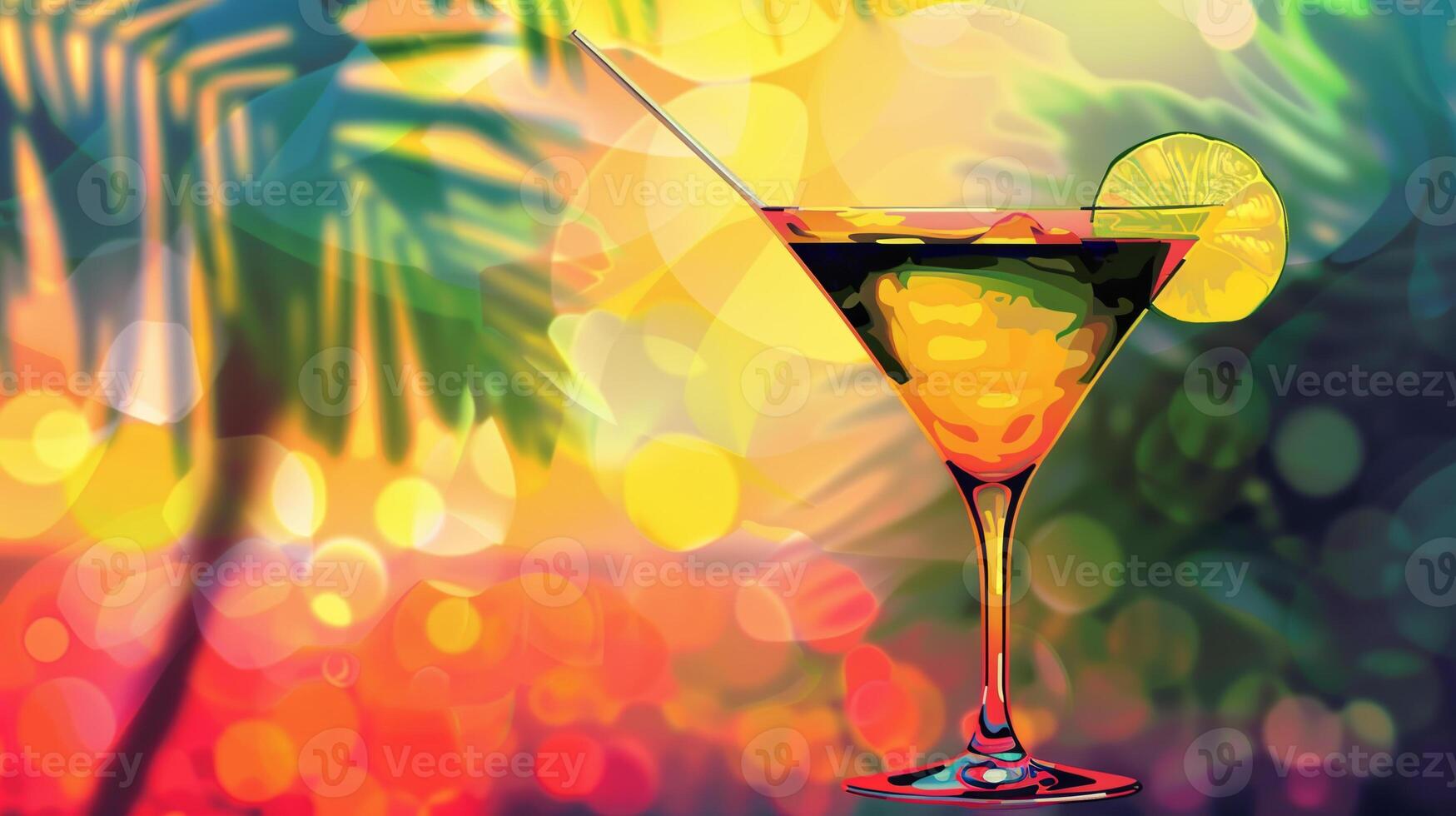 A colorful cocktail with a lime slice on the rim photo