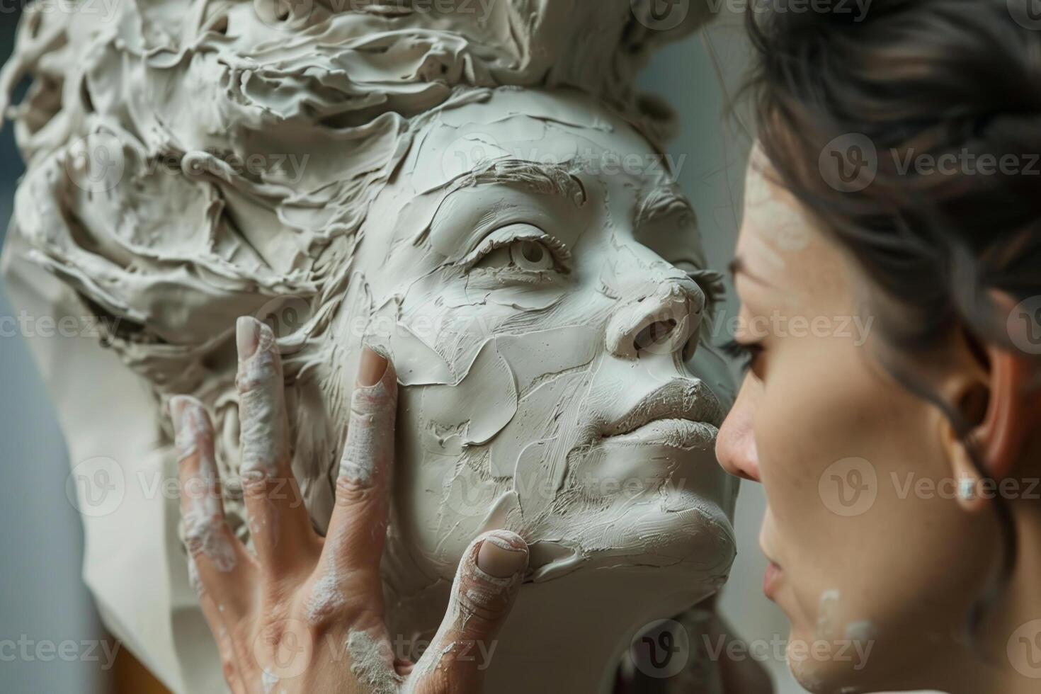 A woman is touching a clay sculpture of a woman's face photo