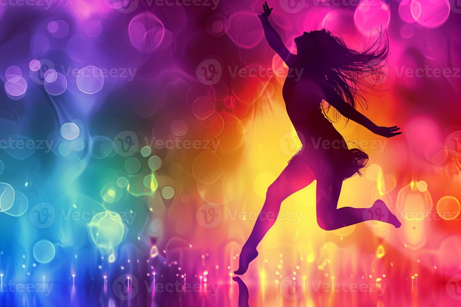 A woman jumping in the air with colorful lights photo