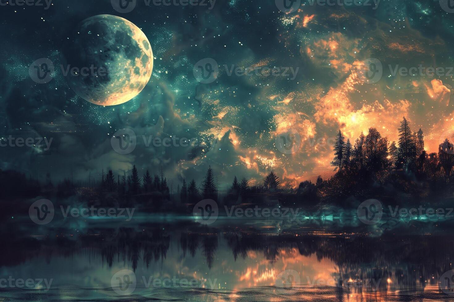 A beautiful night sky with a full moon and trees photo