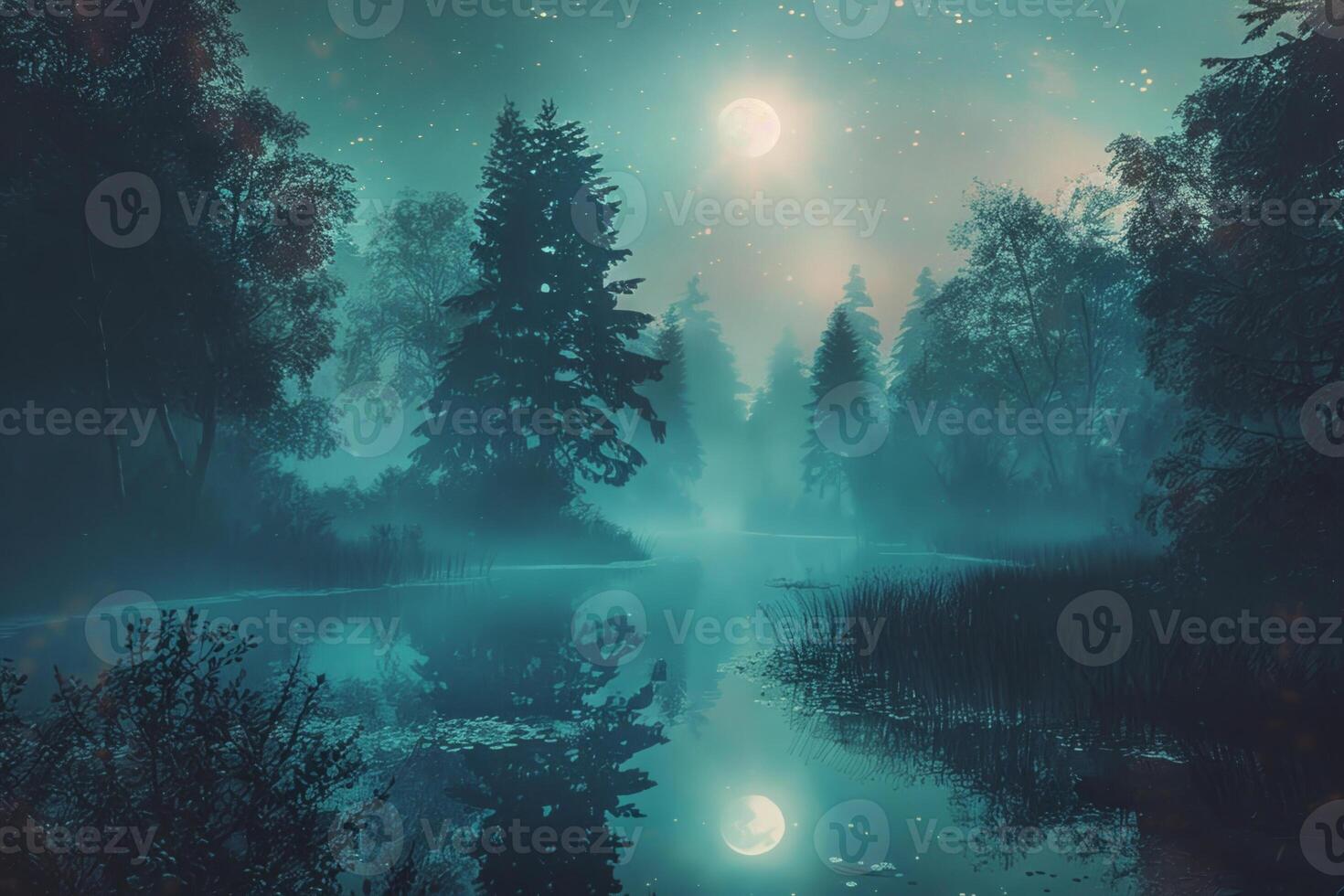 A moonlit forest with trees and water photo