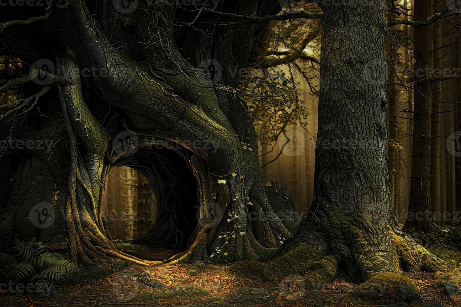 A dark forest with a tree with a hole in it photo