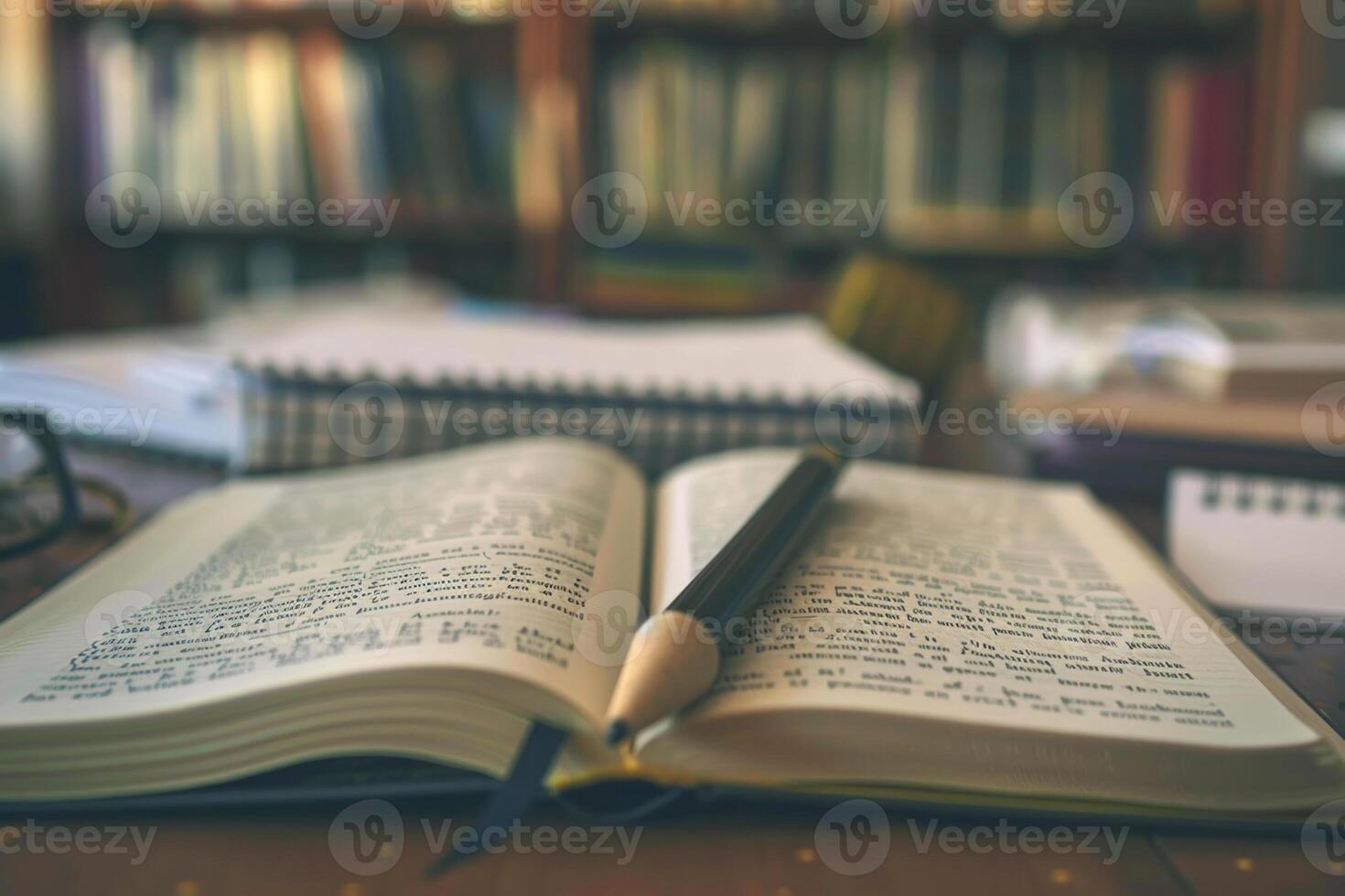 An open book and a pen on a desk in a library photo