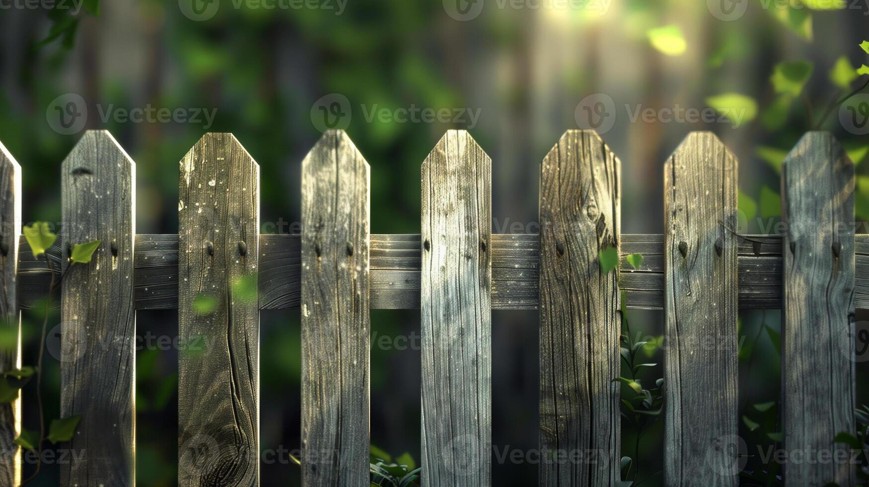 A wooden fence with a green background photo