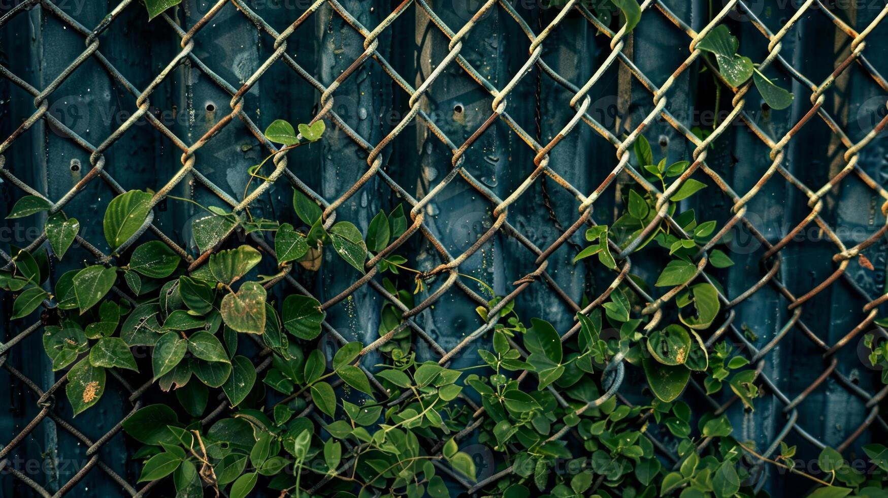 A chain link fence with green plants growing through it photo