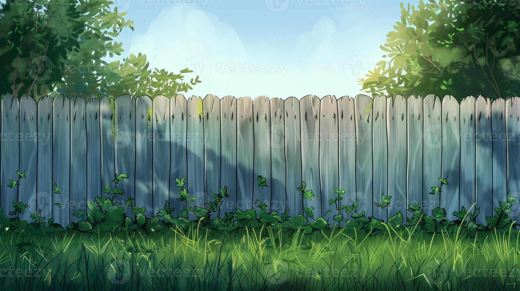 A cartoon fence with grass and trees in the background photo