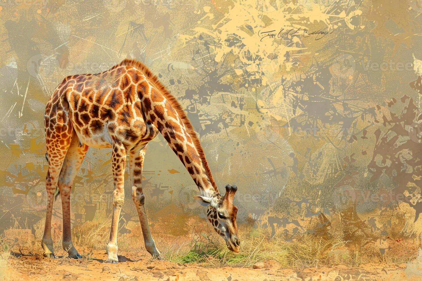A giraffe is eating grass in a field photo