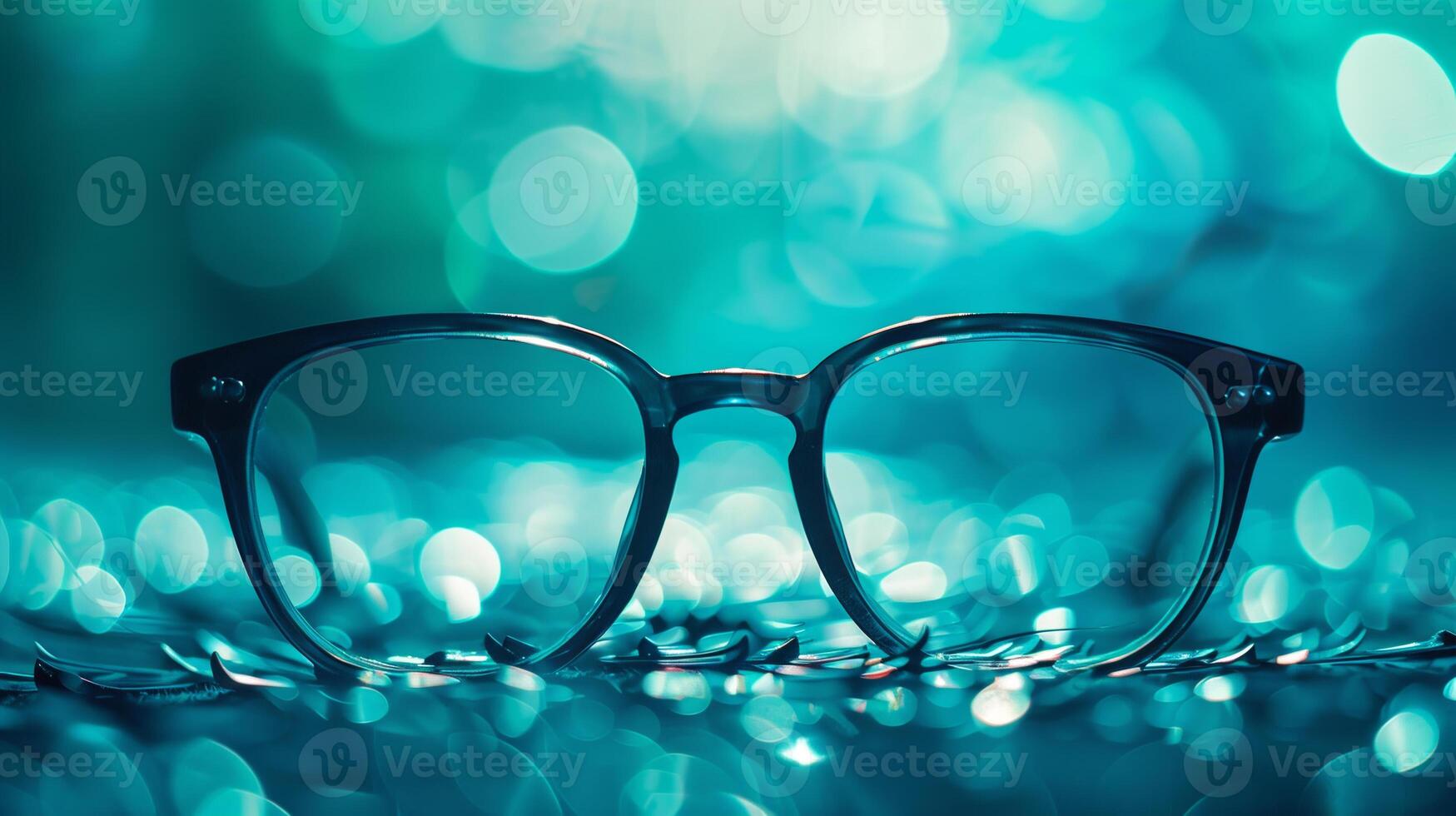 A pair of glasses is sitting on a surface with a blurry background photo