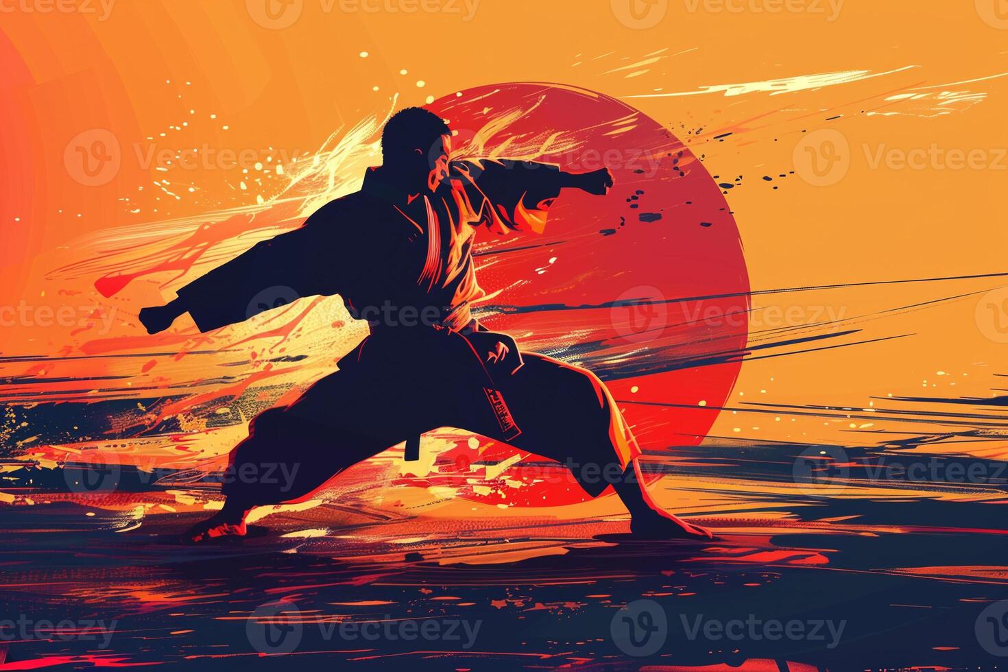 A man in a karate uniform is in the middle of a kick photo