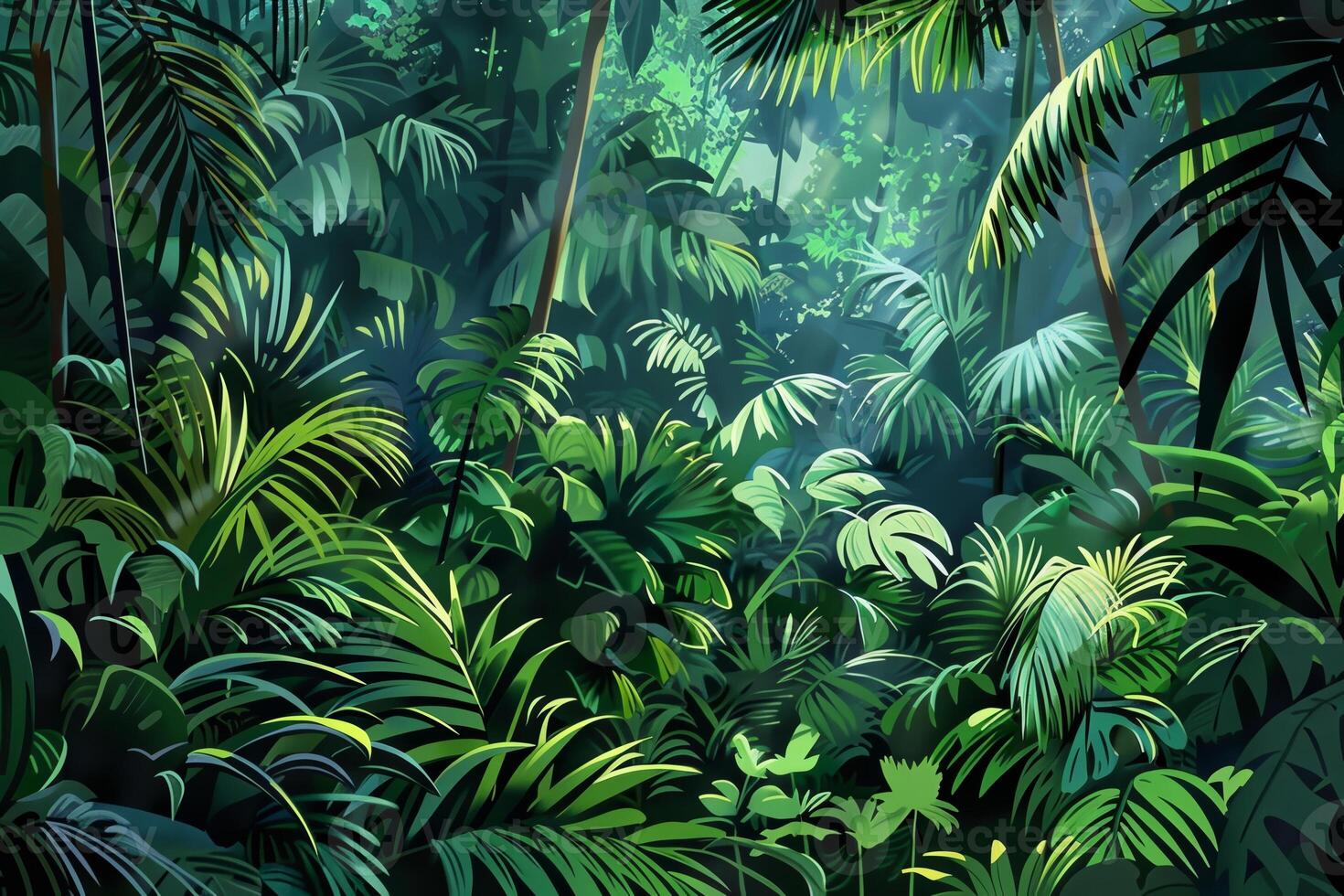 A lush green jungle with tall trees and a variety of plants photo