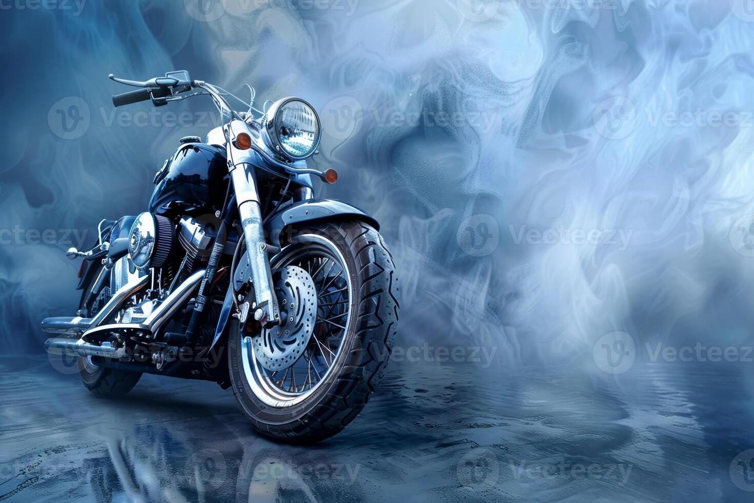 A black motorcycle is parked in front of a blue background with smoke photo