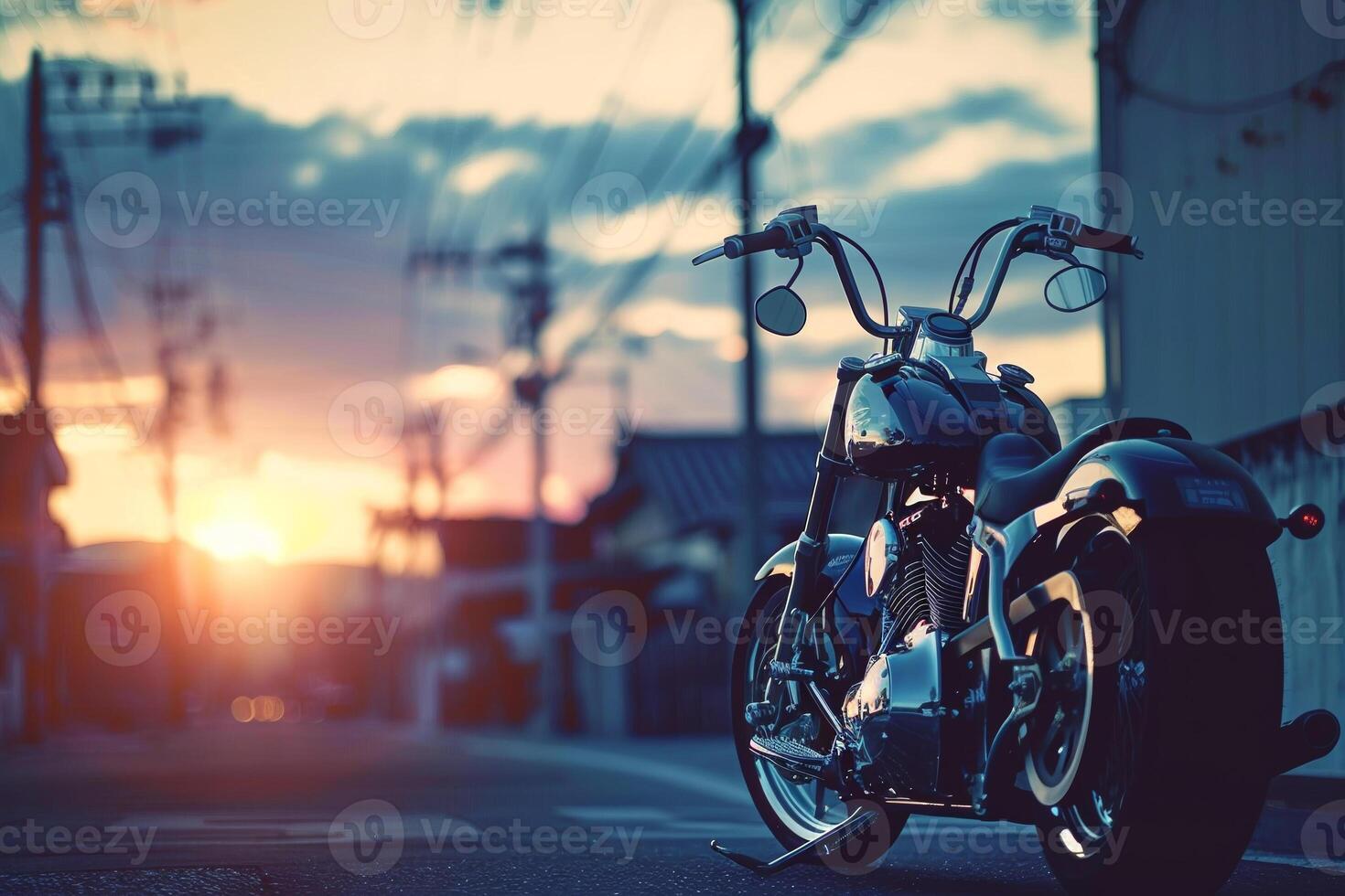 A black motorcycle is parked on a city street at sunset photo