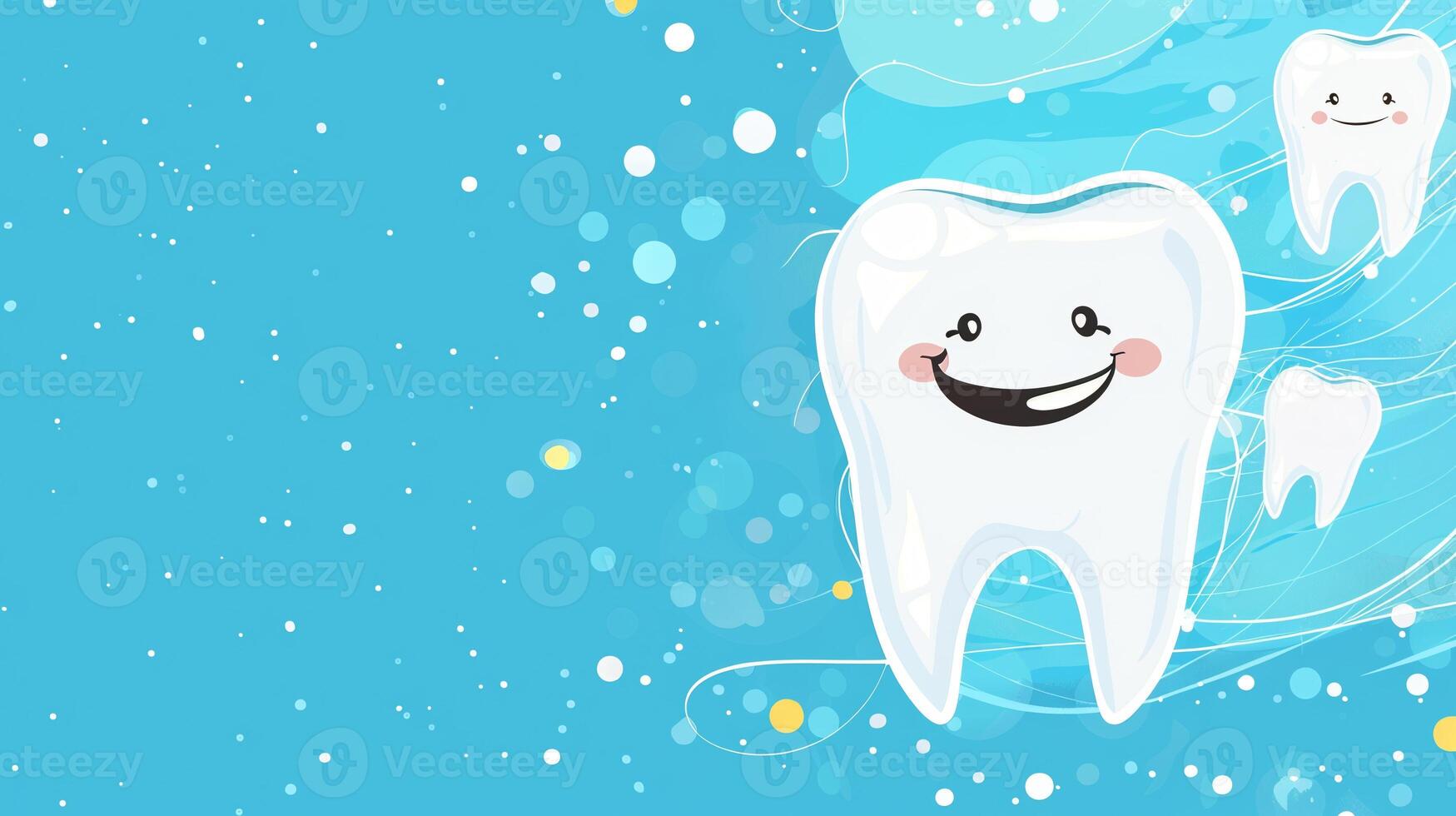 A smiling tooth is on a blue background with a lot of white dots photo