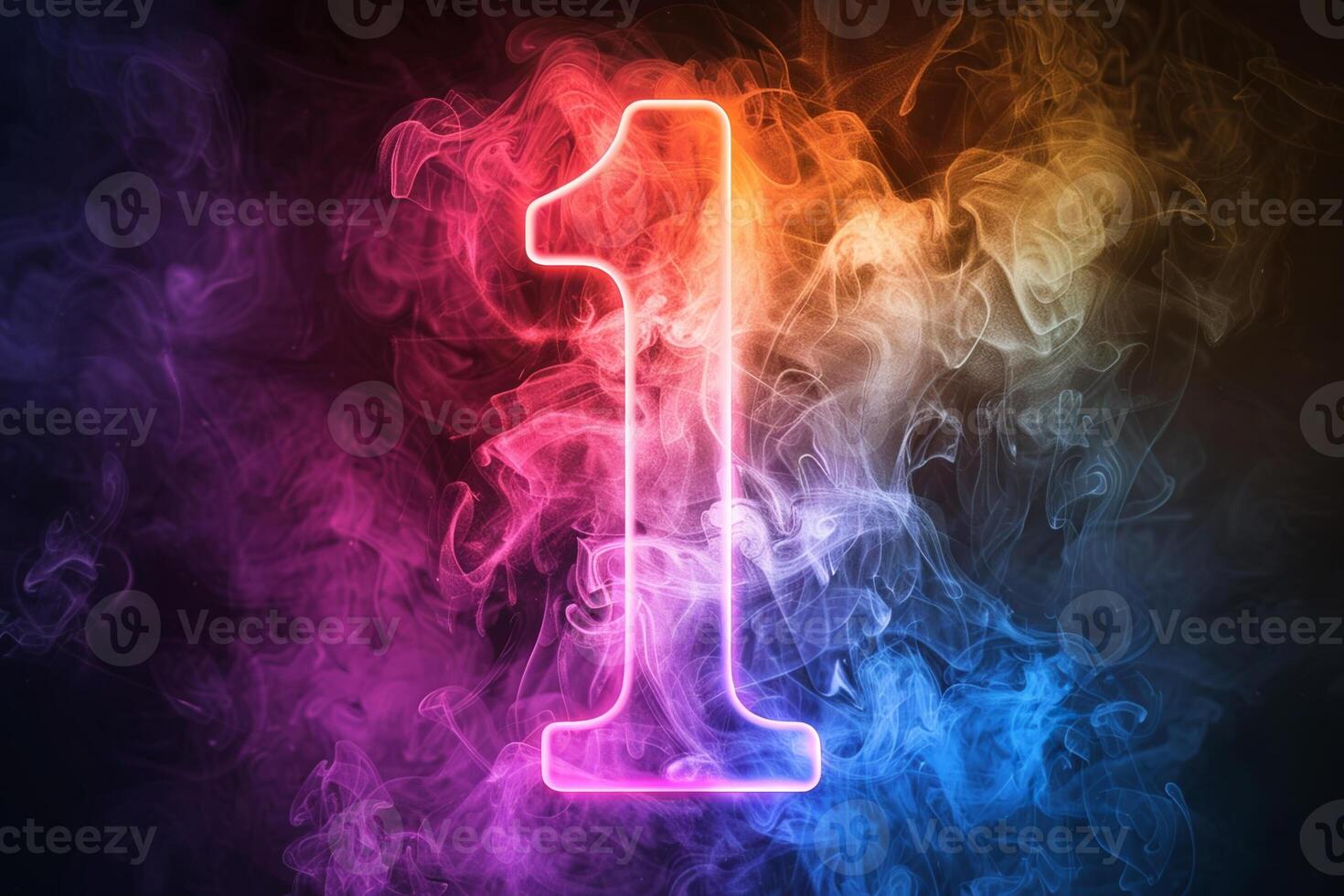 A colorful number 1 is written in neon lights on a background of smoke photo