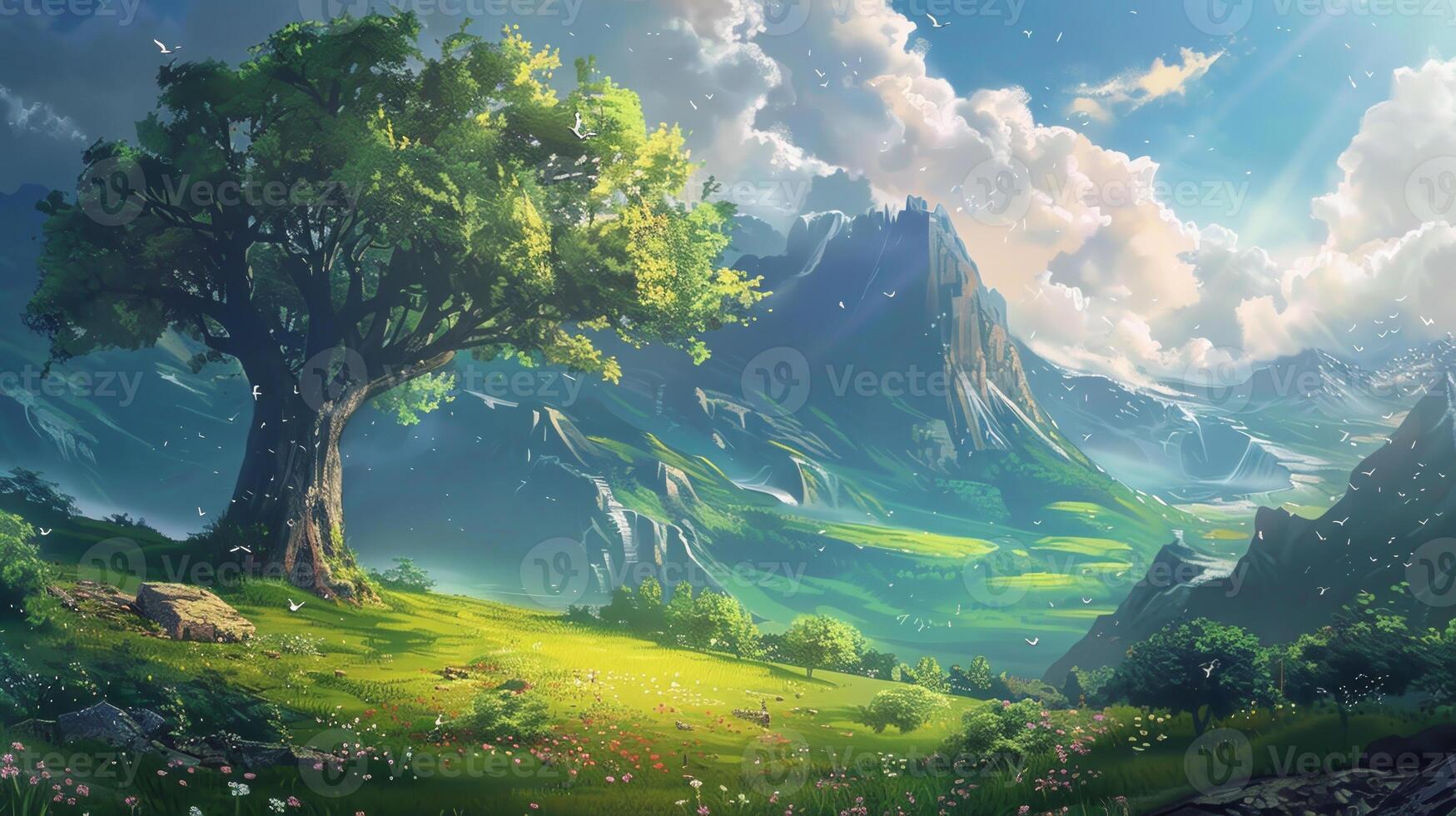 A beautiful landscape with a large tree in the foreground photo