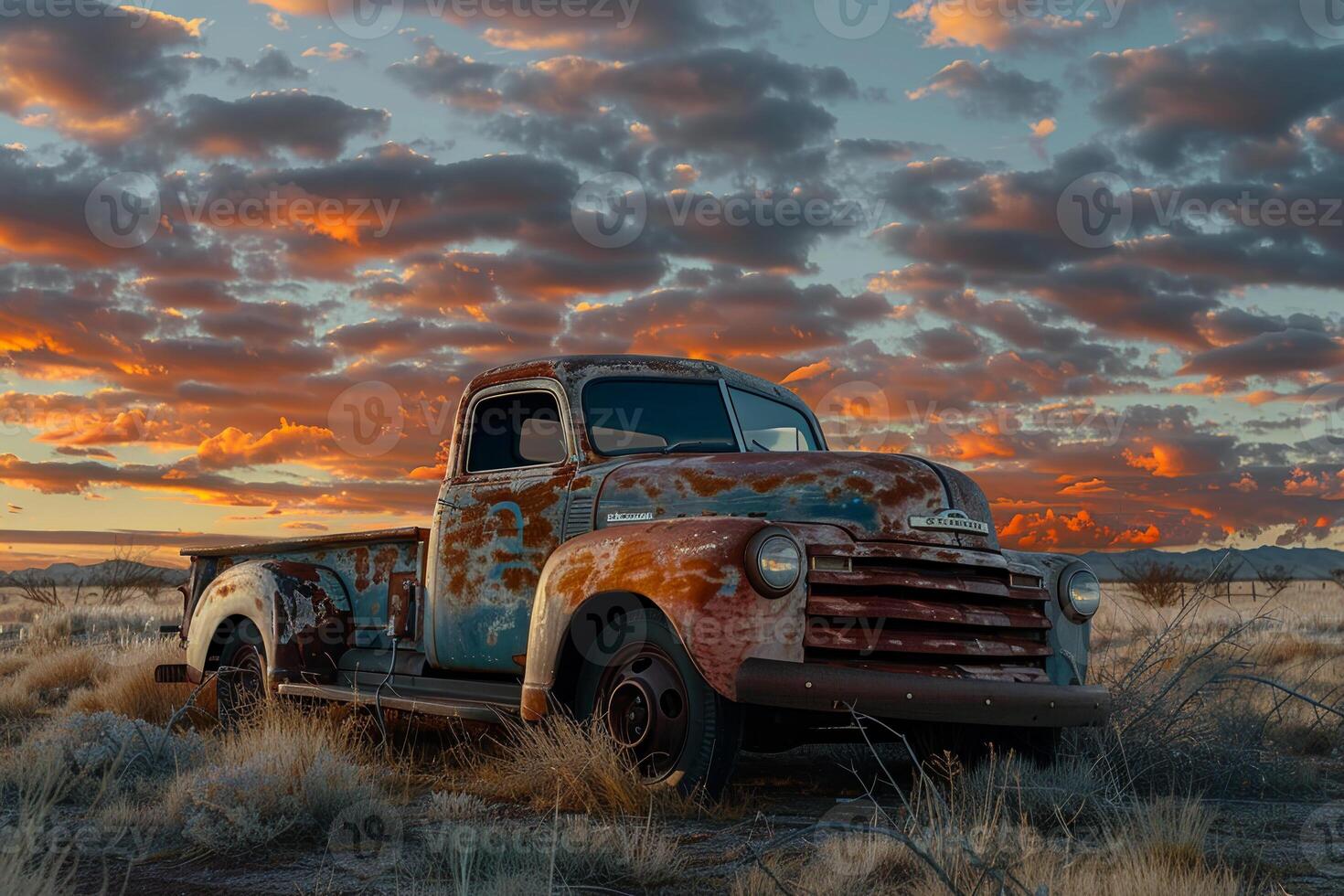 An old, rusty truck is parked in a field photo