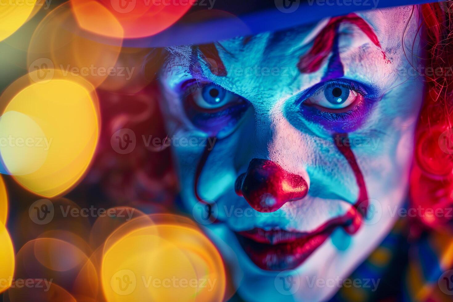 A close up of a clown with red makeup photo