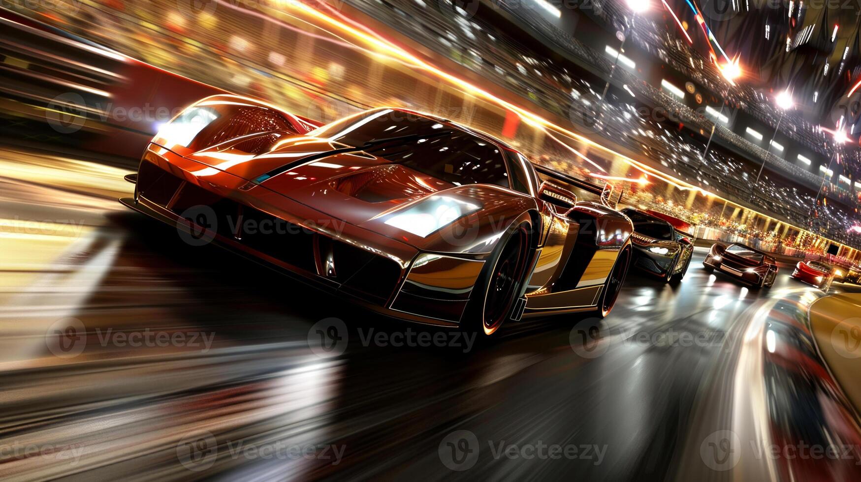 A racing car is driving down a street at night photo