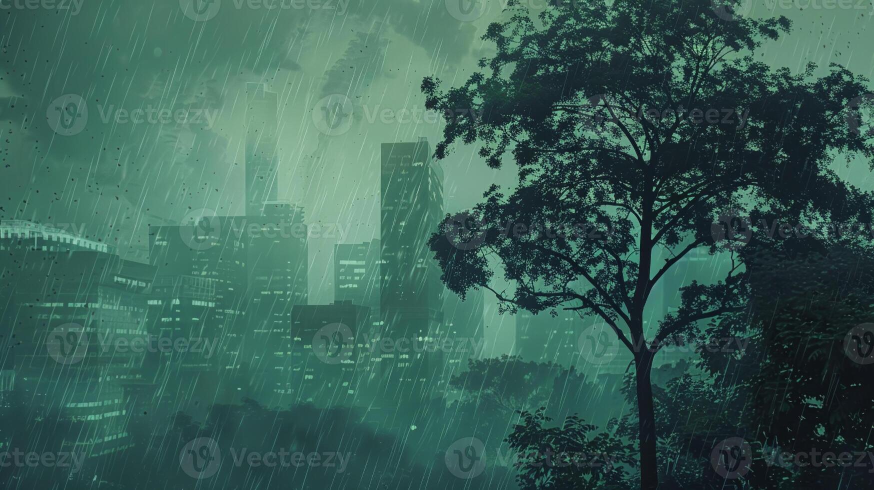 A city with a tree in the middle of it photo