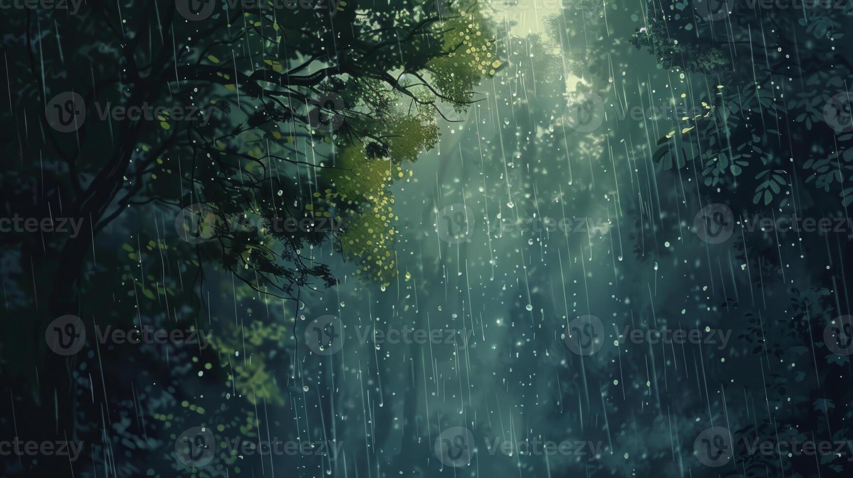 A forest with rain falling on the leaves photo