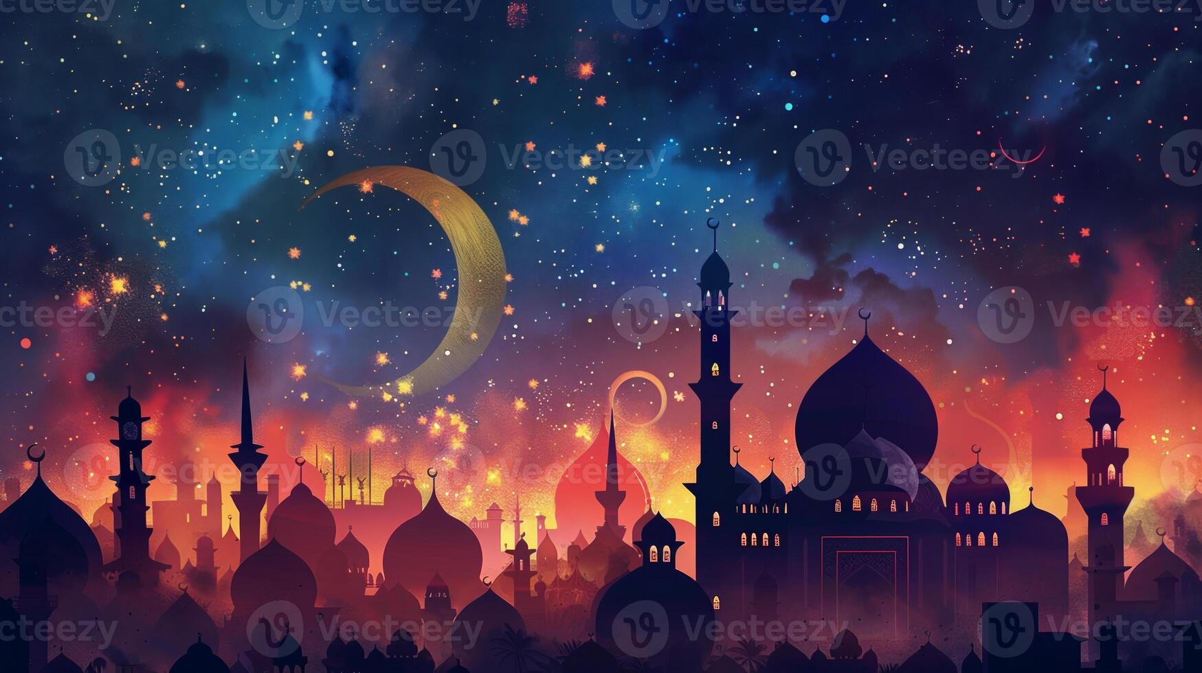 A painting of a city with a large crescent moon in the sky photo