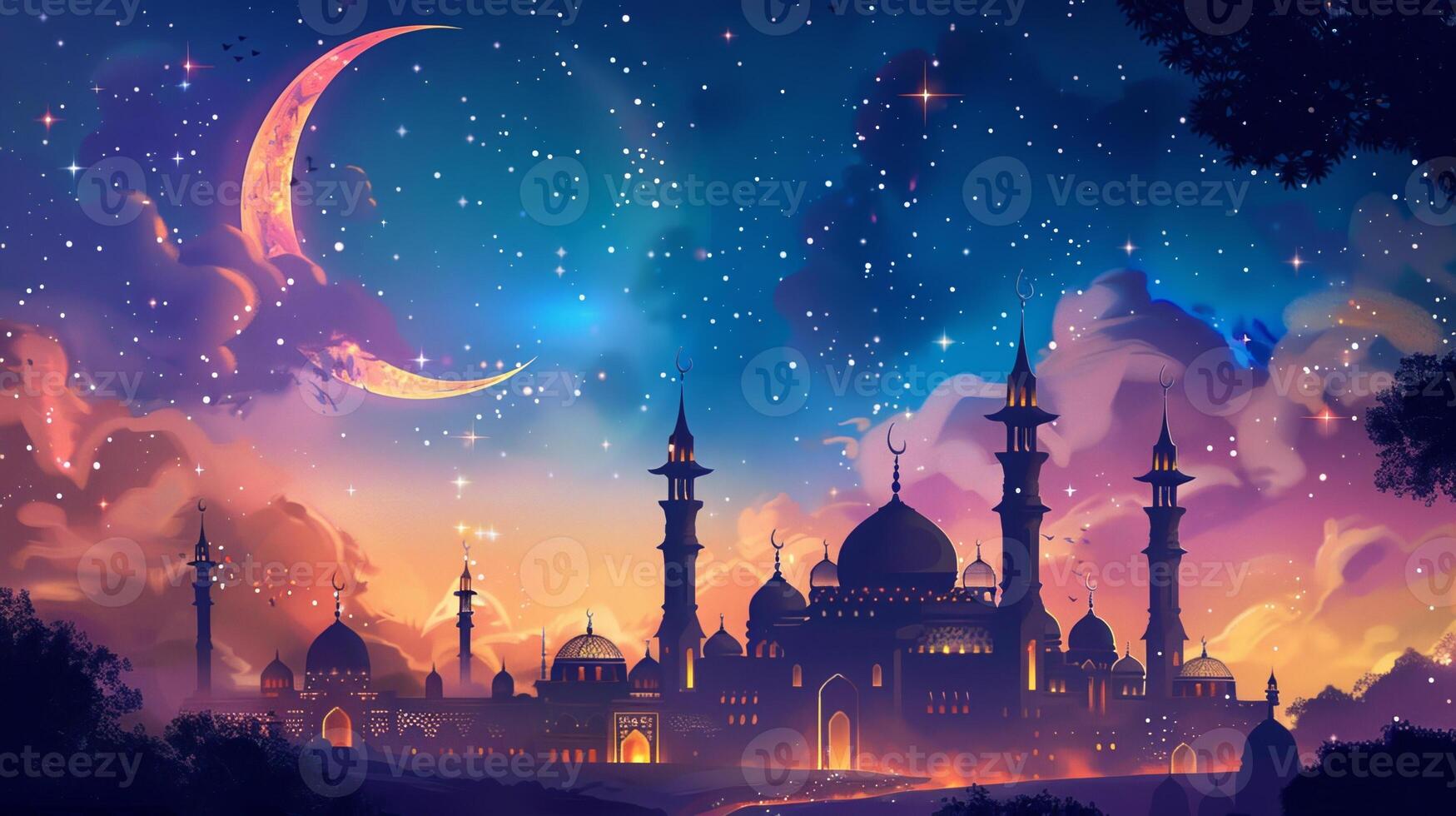 A beautiful painting of a city with a large moon and stars in the background photo