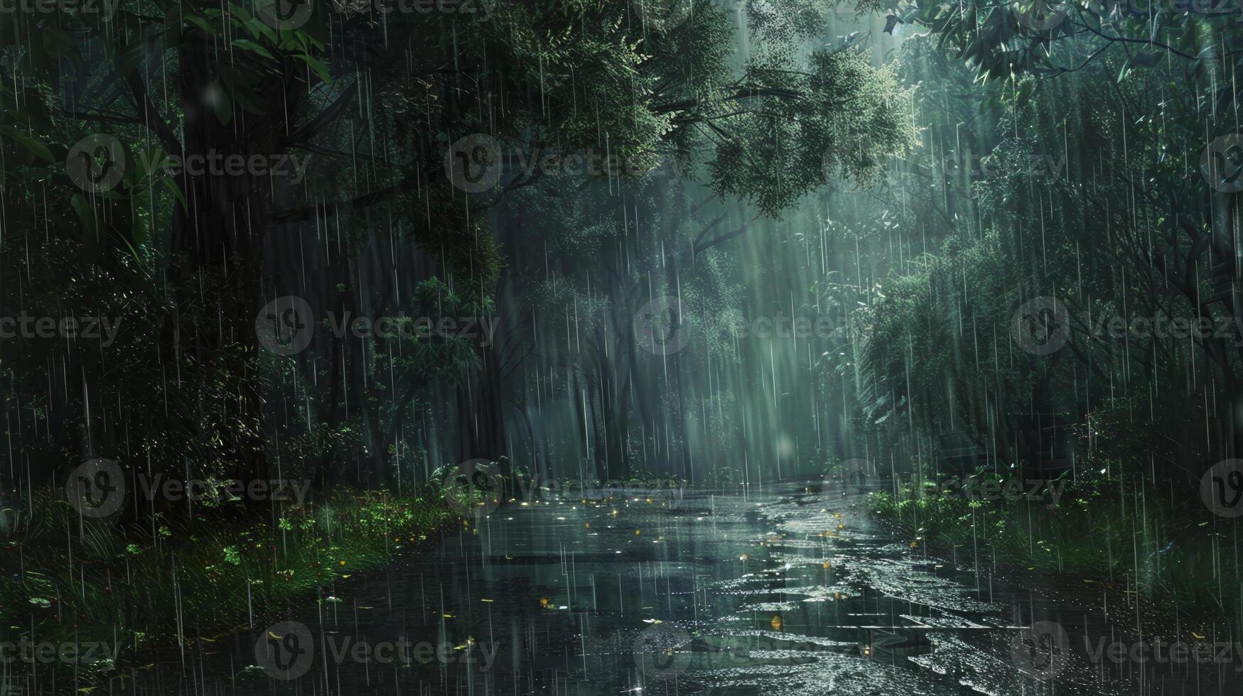 A rainy forest with a road running through it photo