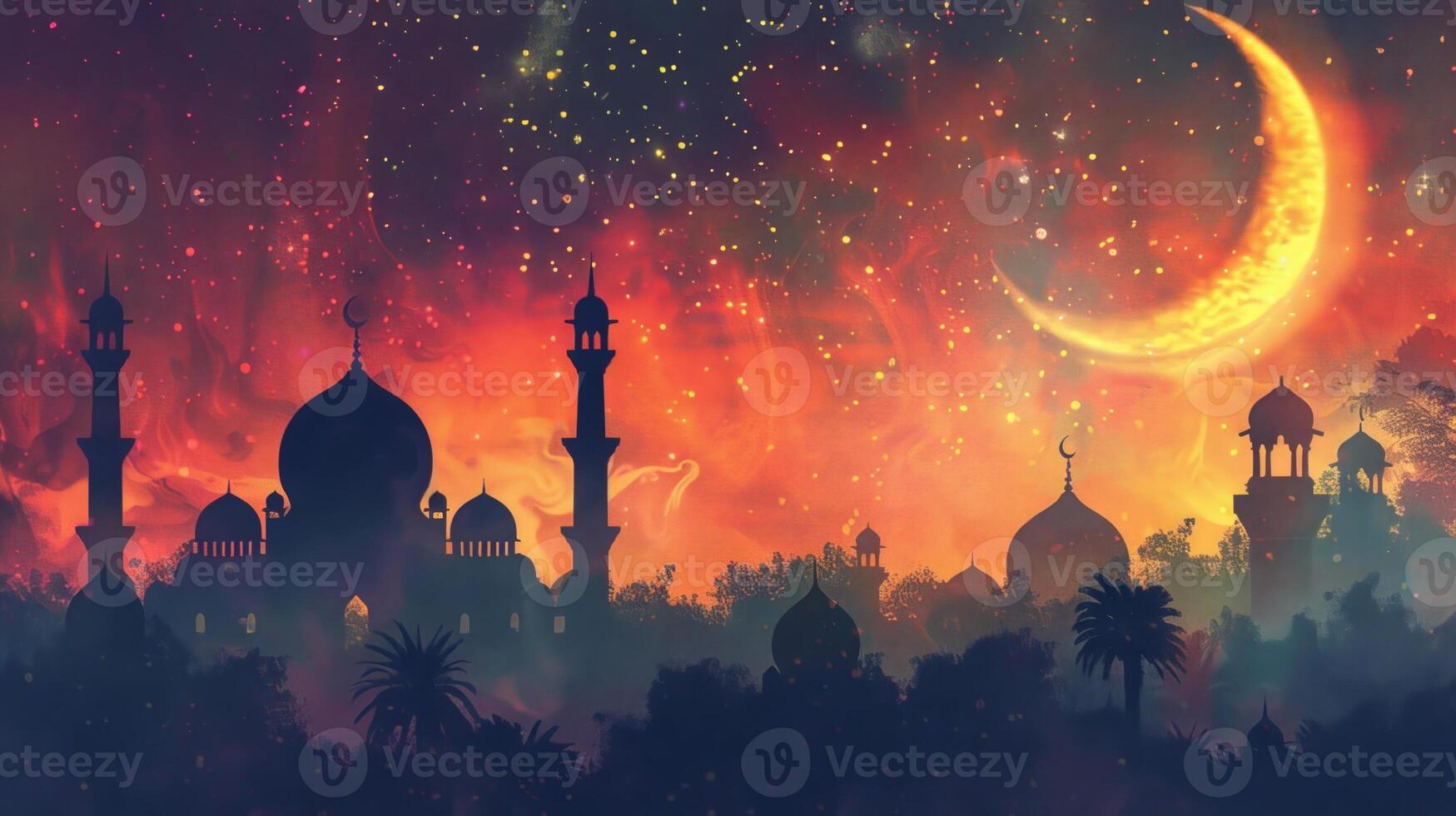 A beautiful painting of a city with a large yellow moon in the sky photo