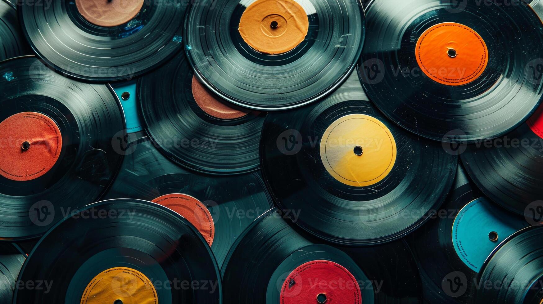 A collection of old records with a variety of colors and sizes photo