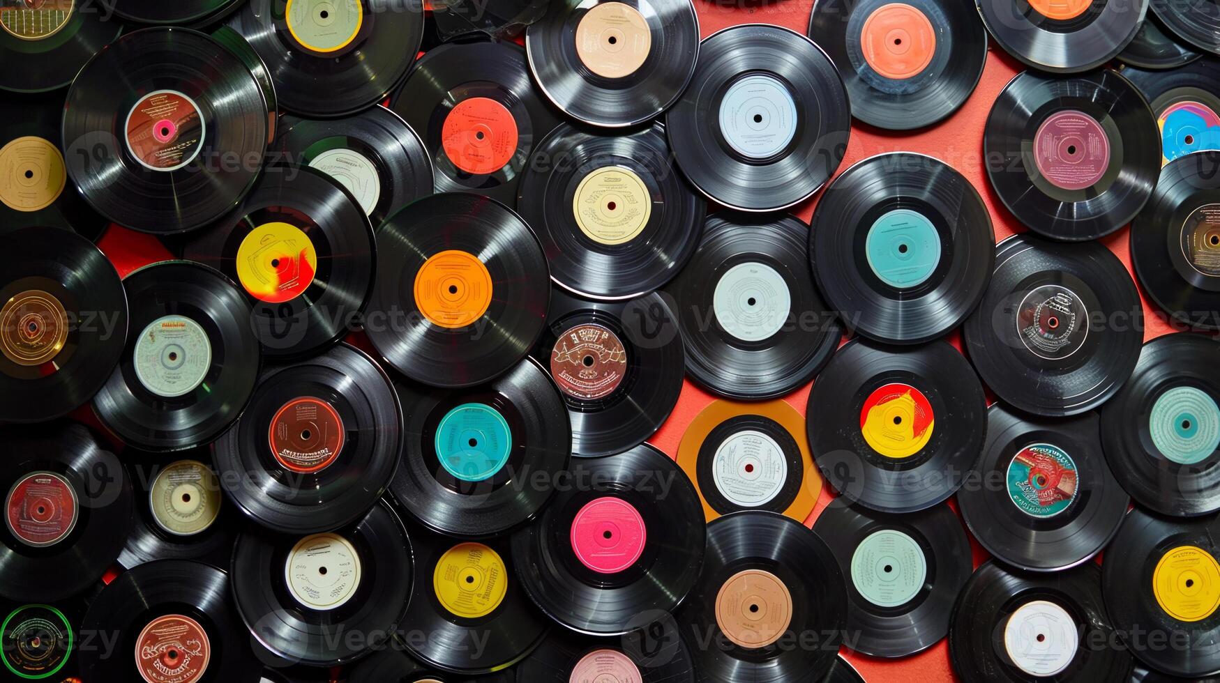 A collection of old records with a red background photo