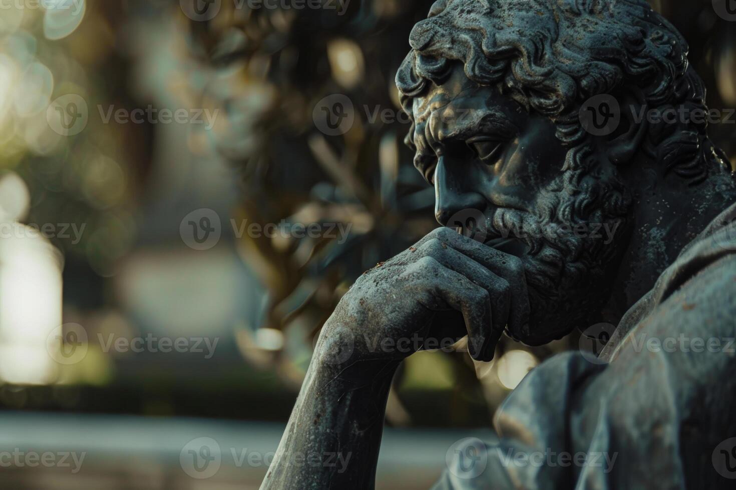 A statue of a man with a beard and a beard is sitting in a park photo