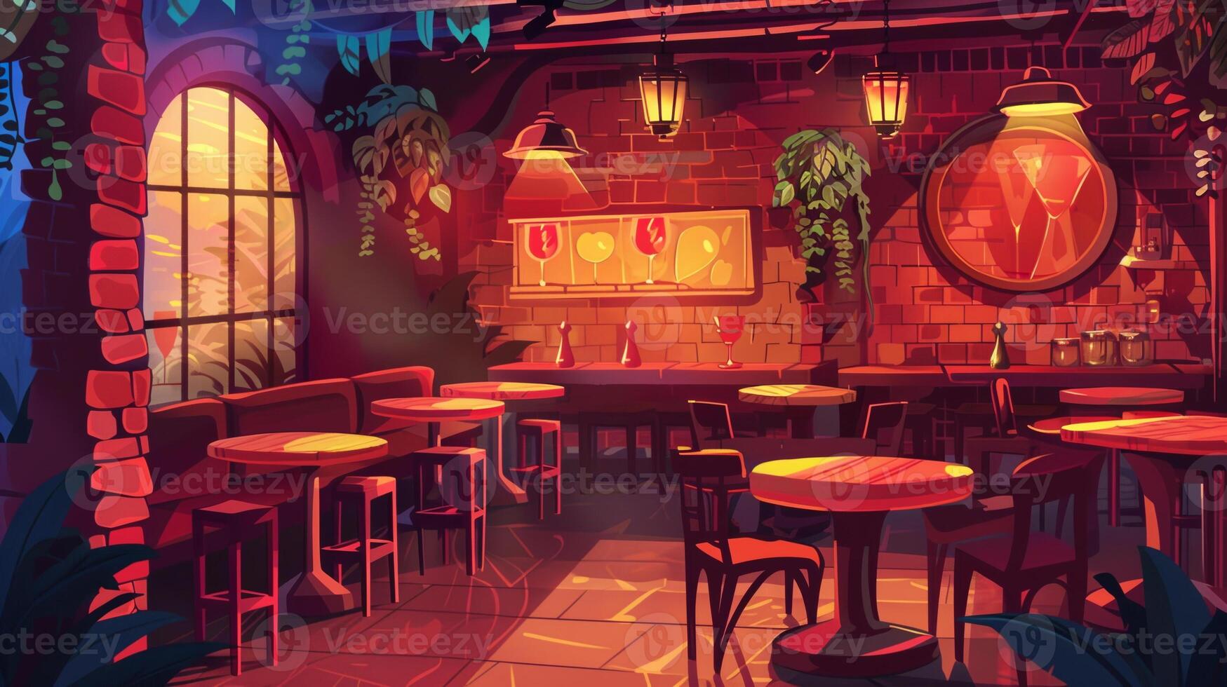 A restaurant with a red brick wall and a red neon sign photo