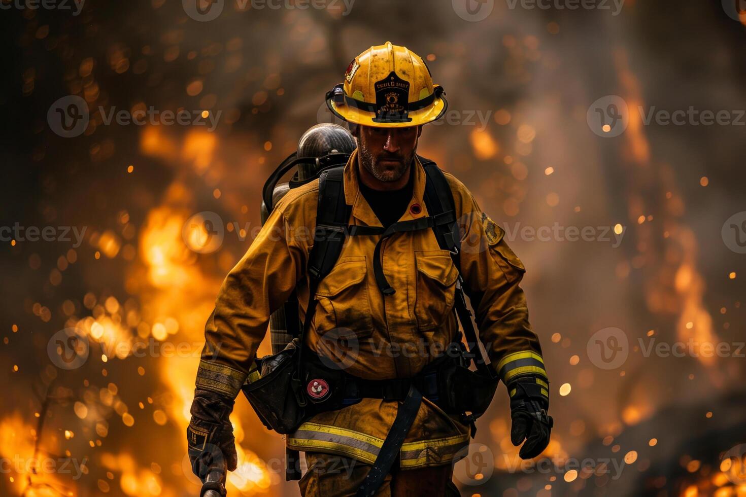 A firefighter is in the middle of a fire, wearing a yellow jacket photo
