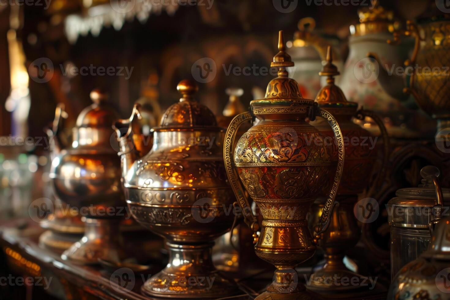 A collection of ornate vases and teapots sit on a shelf photo