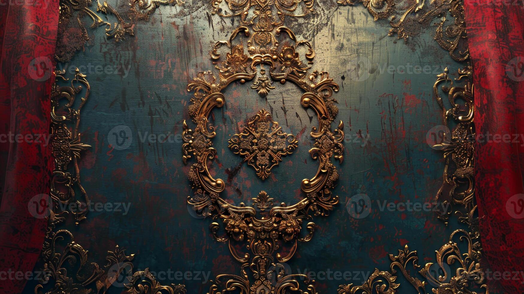 A gold and blue design with a red background photo