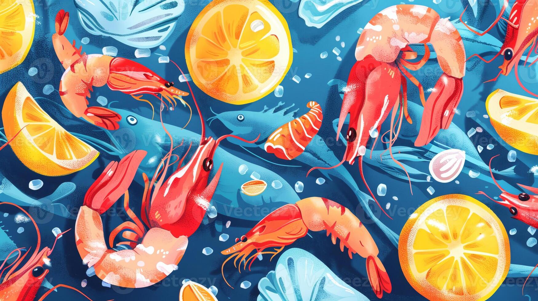 A colorful painting of shrimp, oranges, and other seafood photo