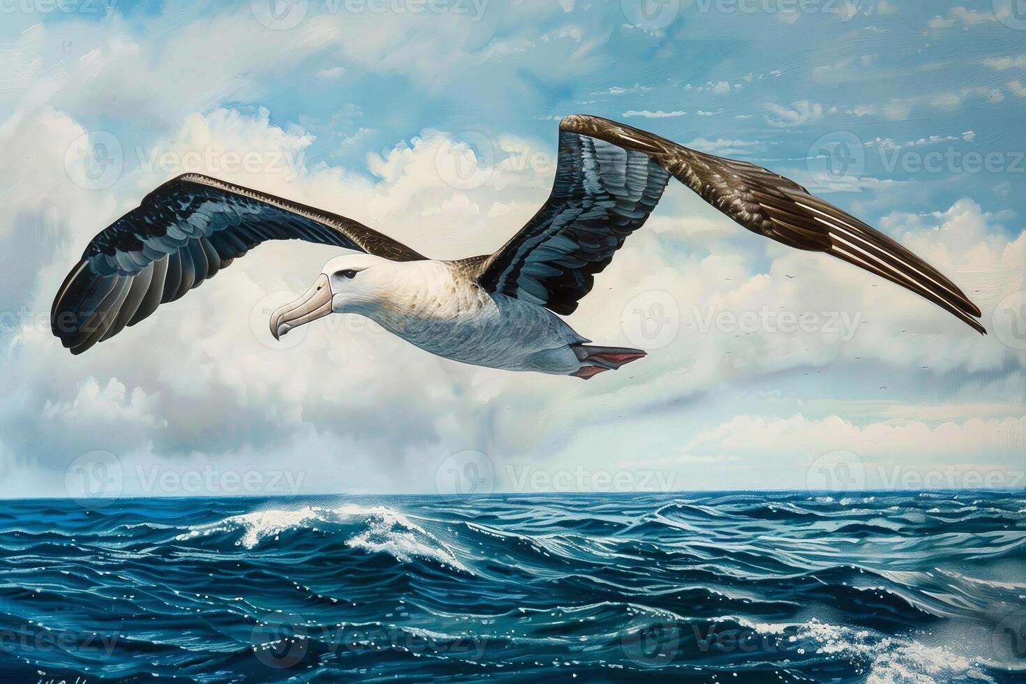 A painting of a large bird flying over the ocean photo