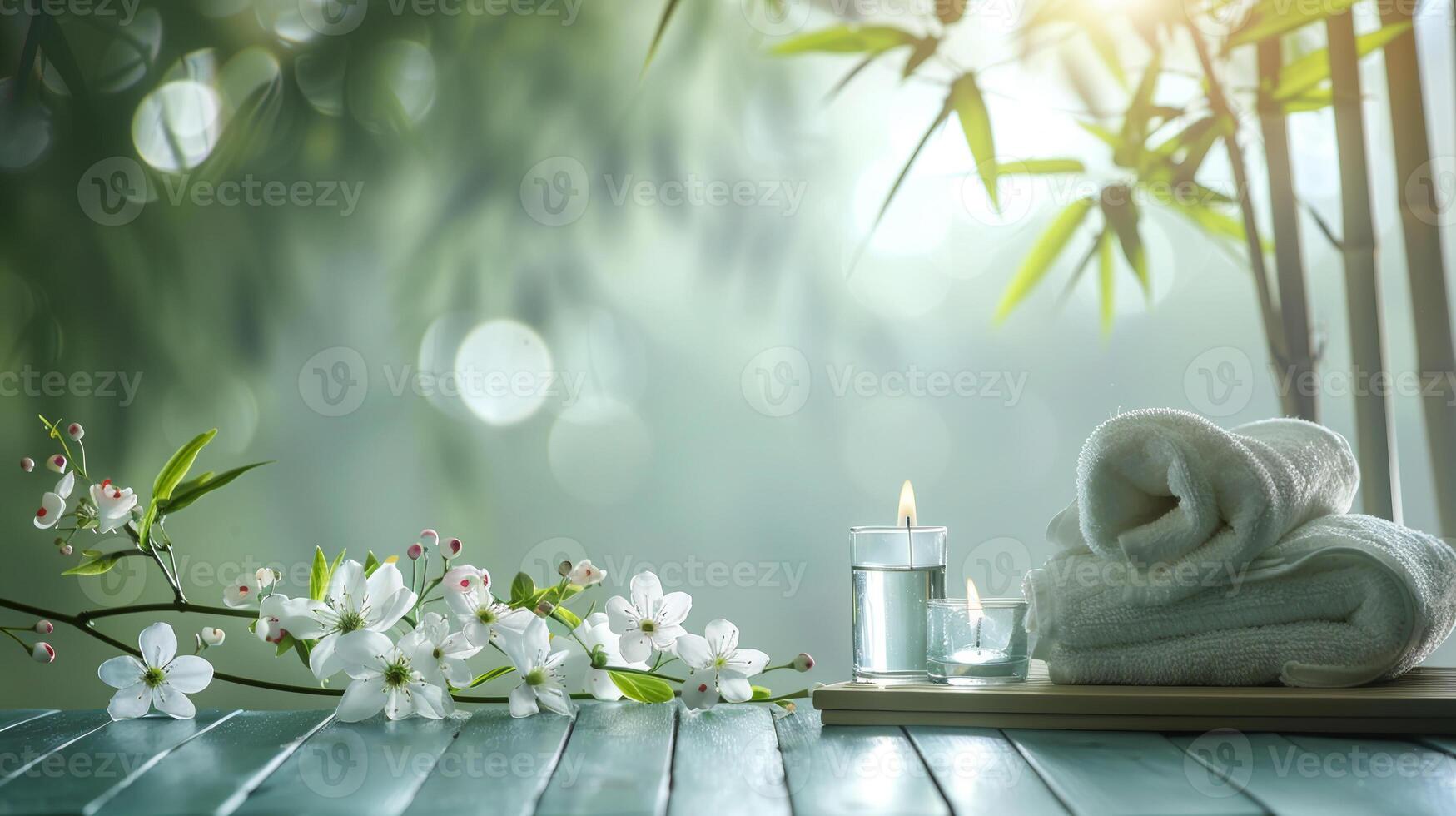 A table with a vase of flowers, a candle, and a stack of white towels photo