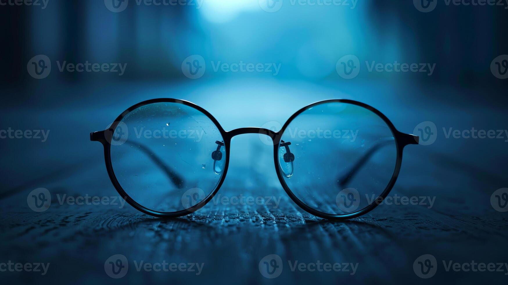 A pair of glasses is sitting on a wooden table photo