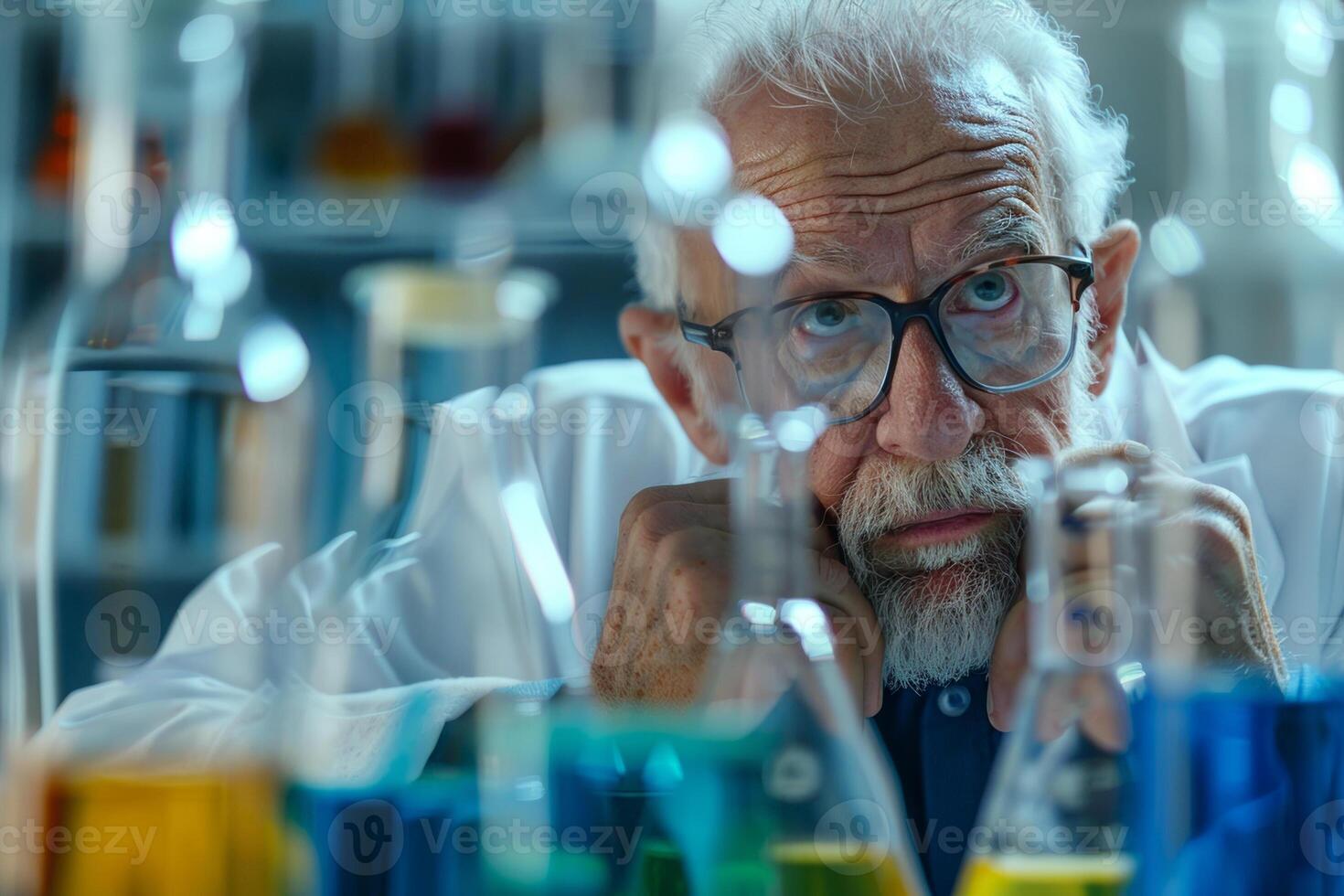 A man in a lab coat is looking at a table full of beakers and test tubes photo