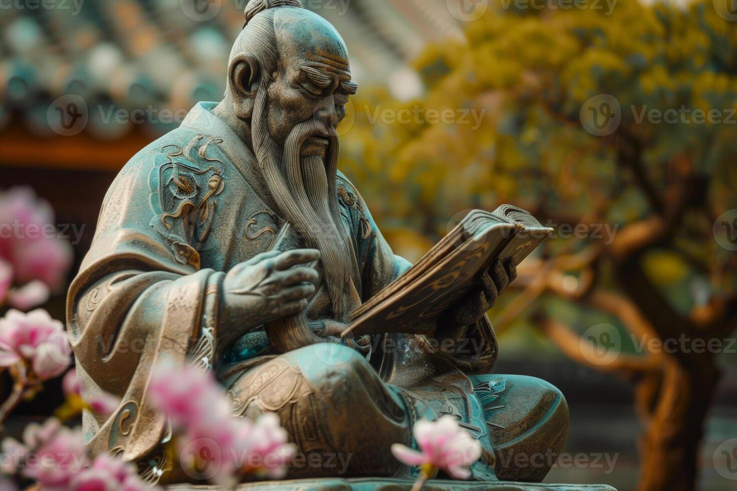 A statue of an old man reading a book photo