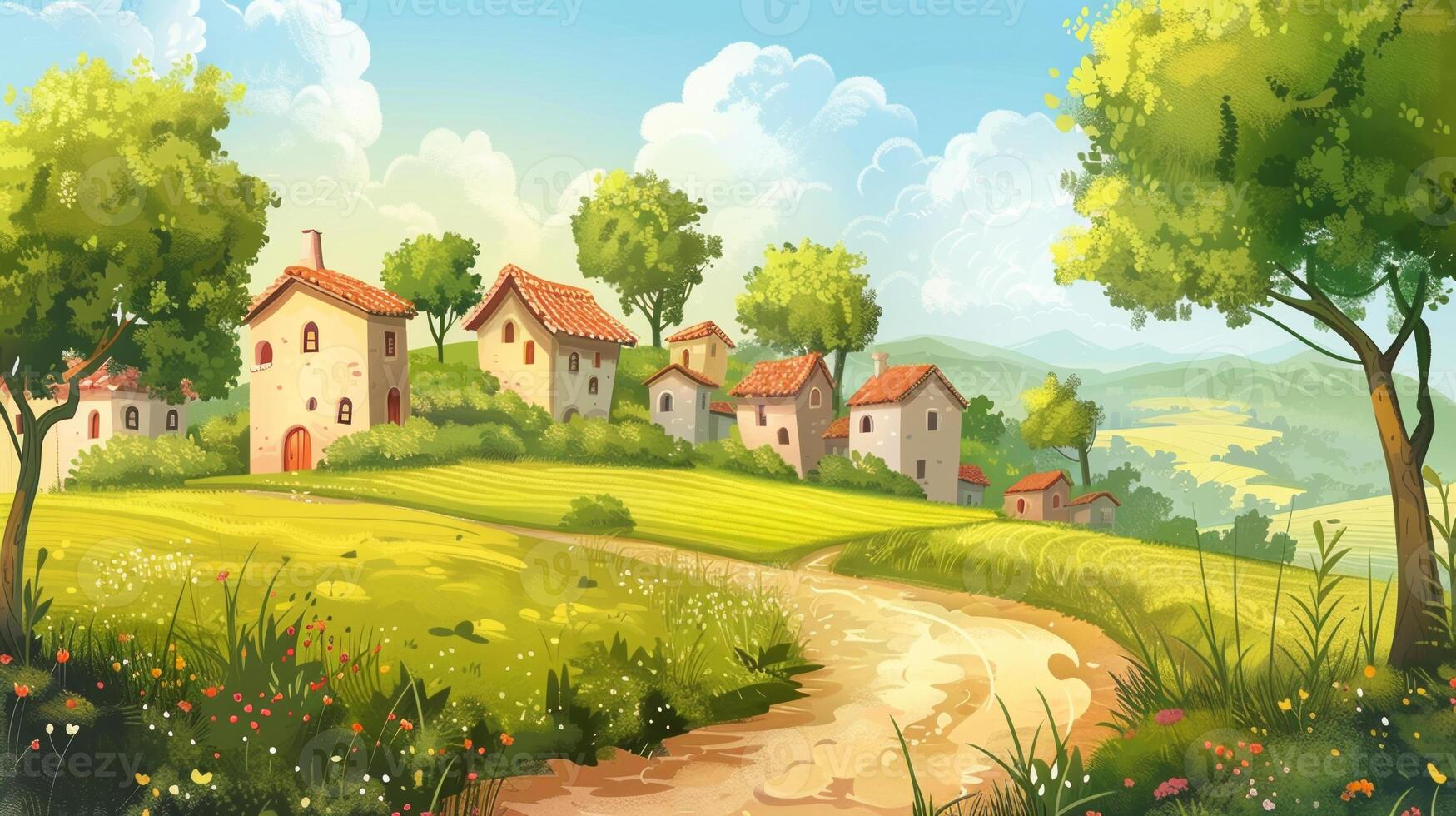 A painting of a rural landscape with a road leading to a village photo
